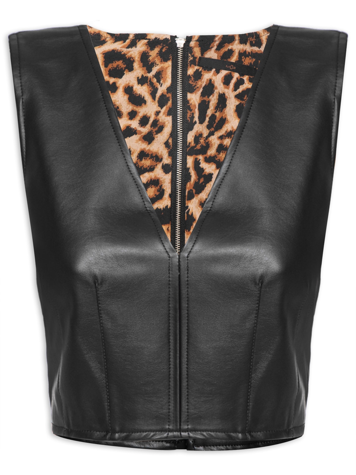 Vista 2 Regata Feminina Cropped Decote V Couro Sintético PRETO PRETO