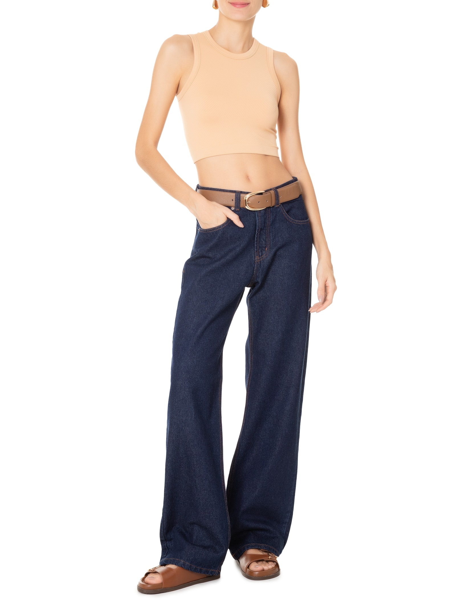 Regata Feminina Cropped Texturizada Bege Basiq