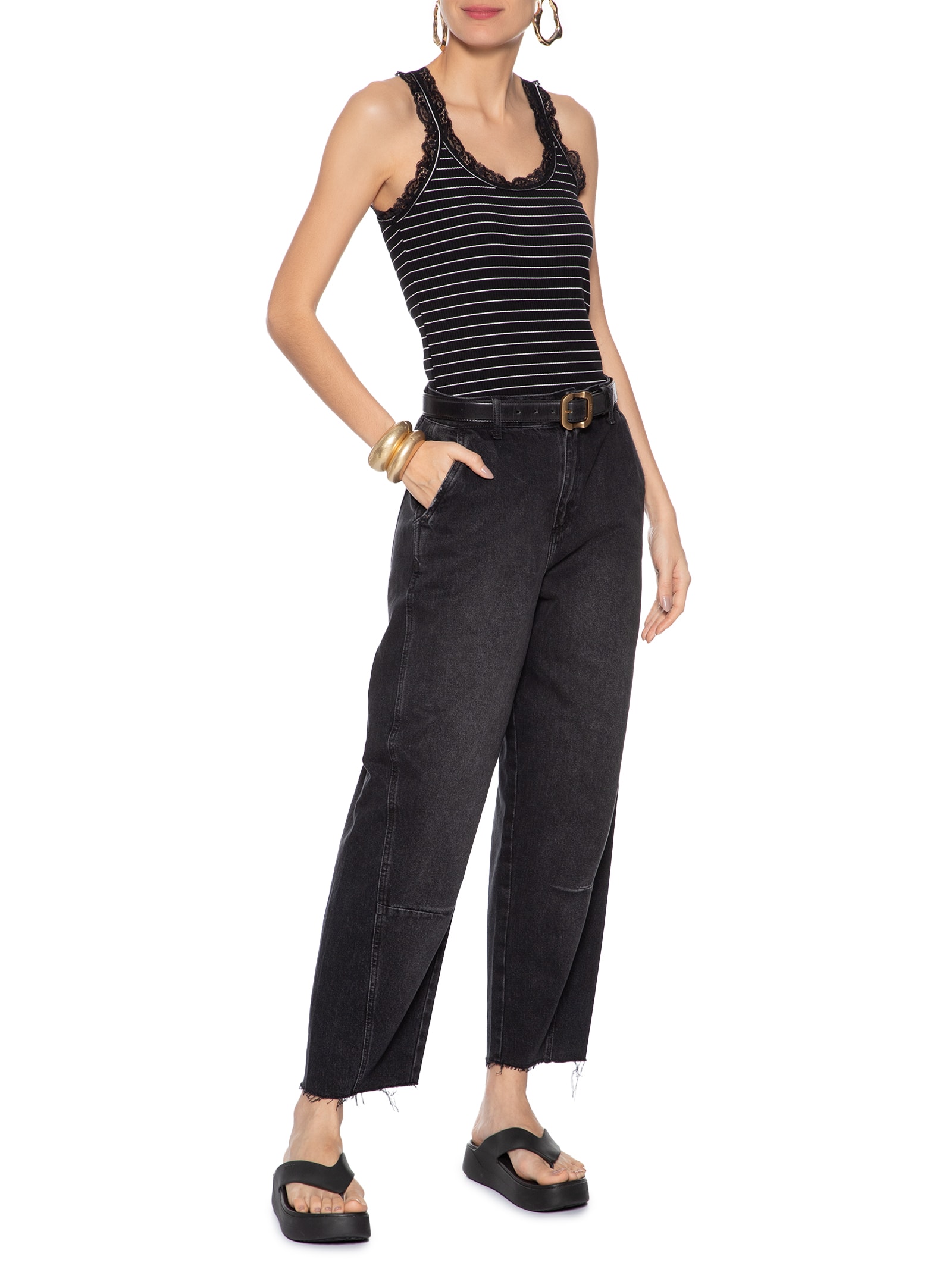 Regata Feminina De Malha Com Renda Preto Animale Jeans