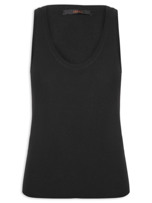 Regata Feminina De Tricot Canelado Com Decote U Básica – Preto