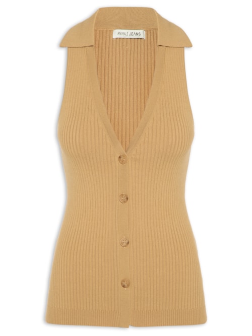 Regata Feminina De Tricot Com Colarinho E Botões – Marrom