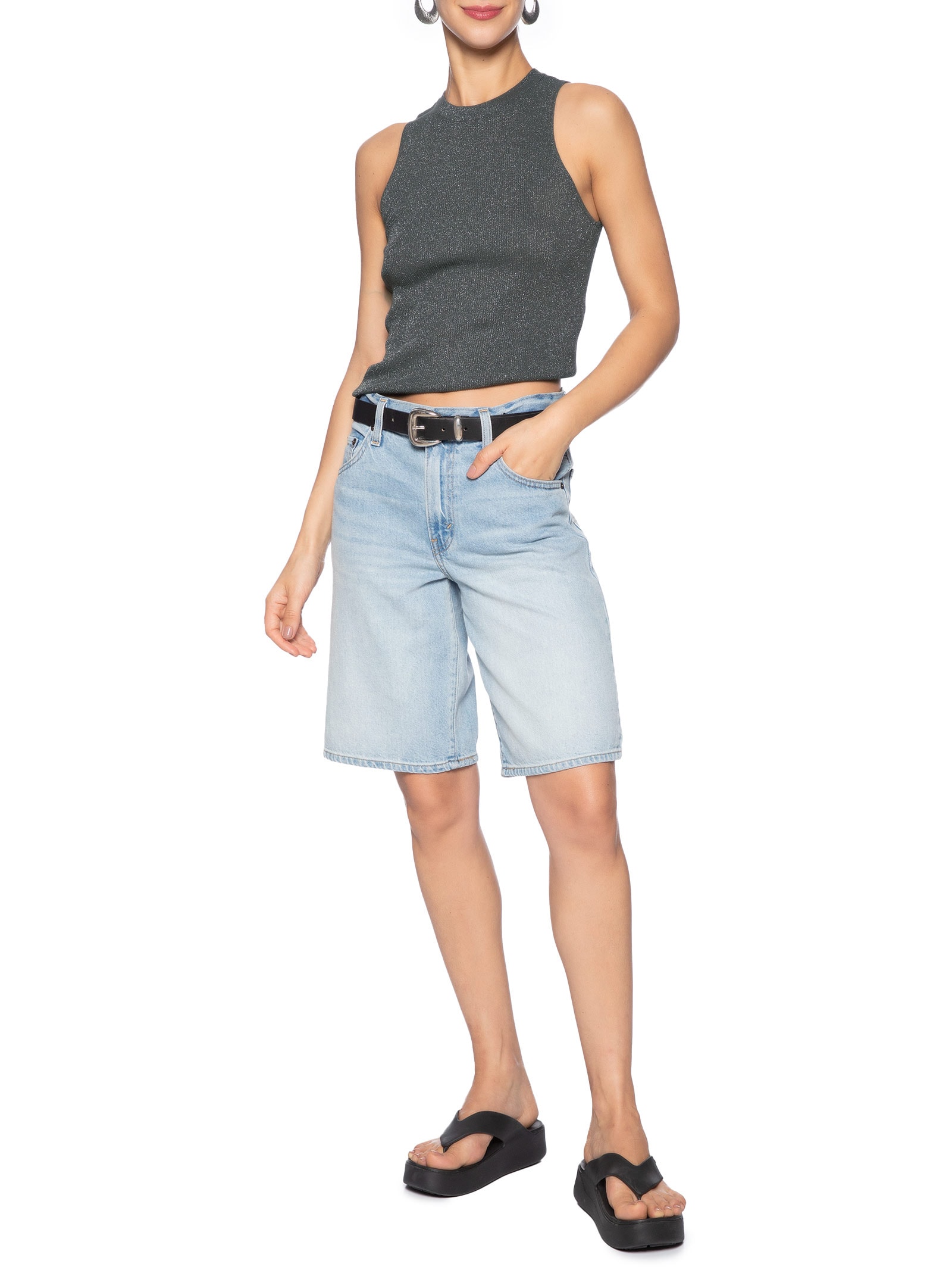 Regata Feminina De Tricot Com Luréx Cinza Animale Jeans