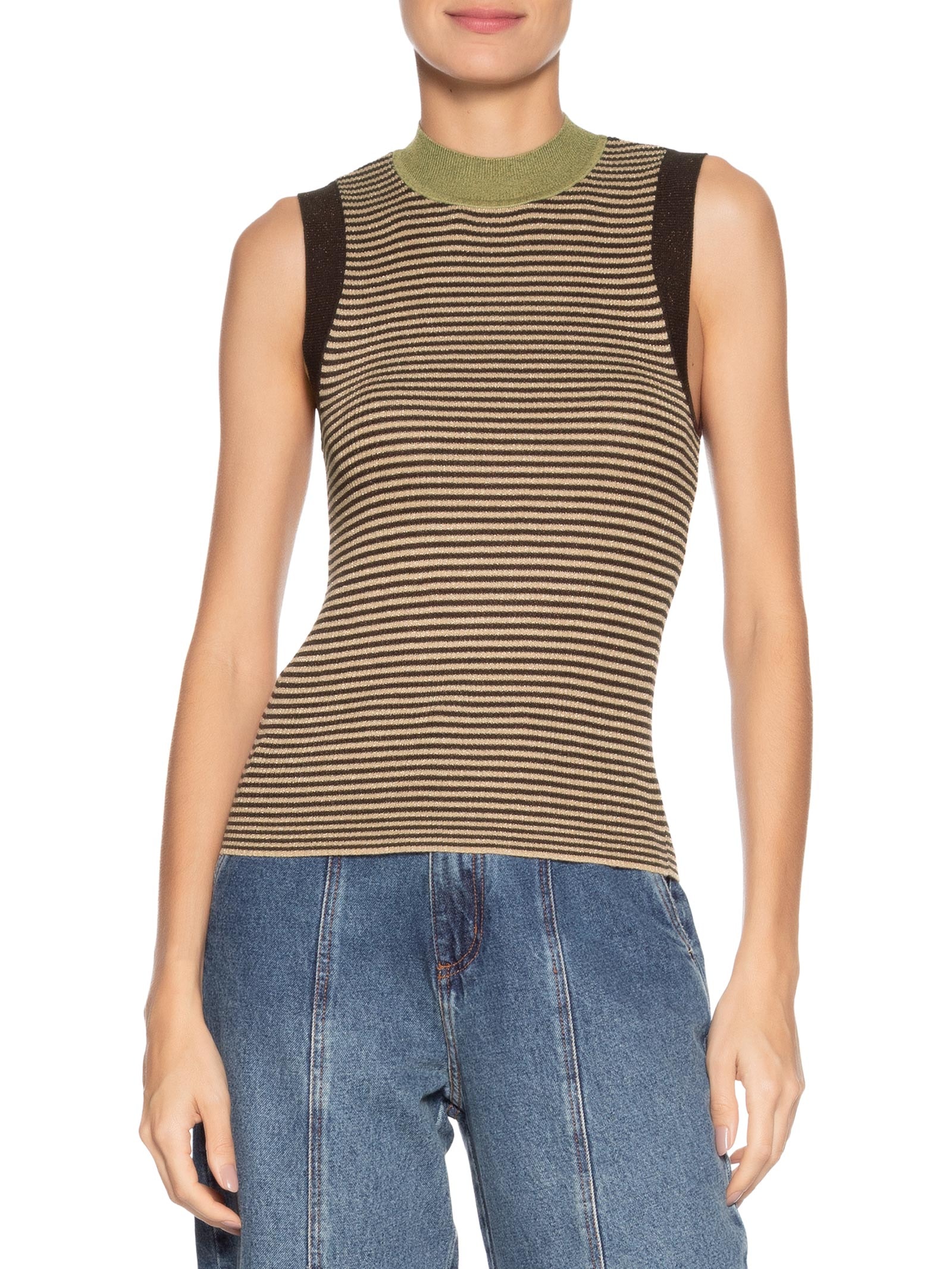 Regata Feminina de Tricot com Lurex Listrada Marrom Animale