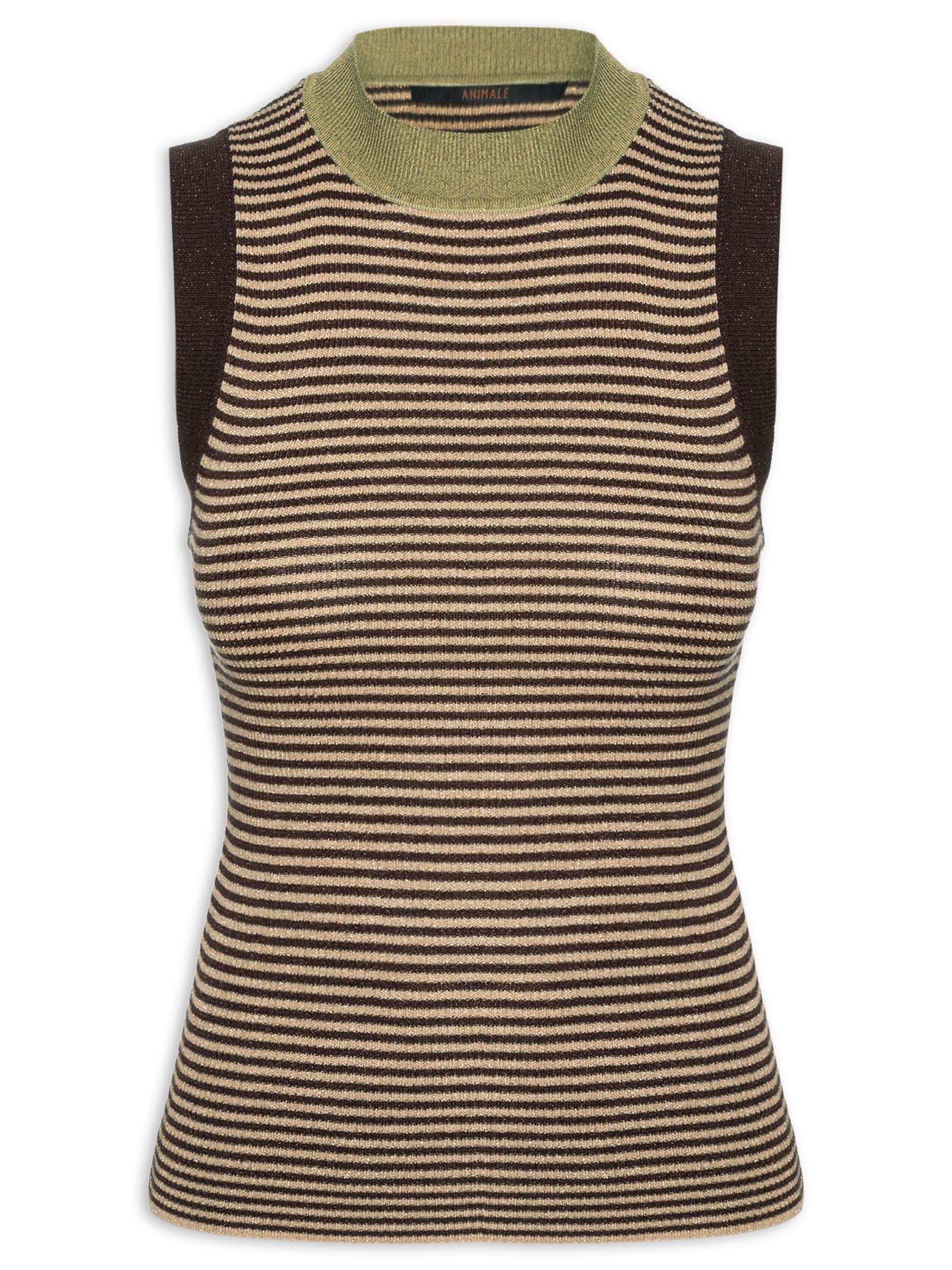 Regata Feminina de Tricot com Lurex Listrada Marrom Animale