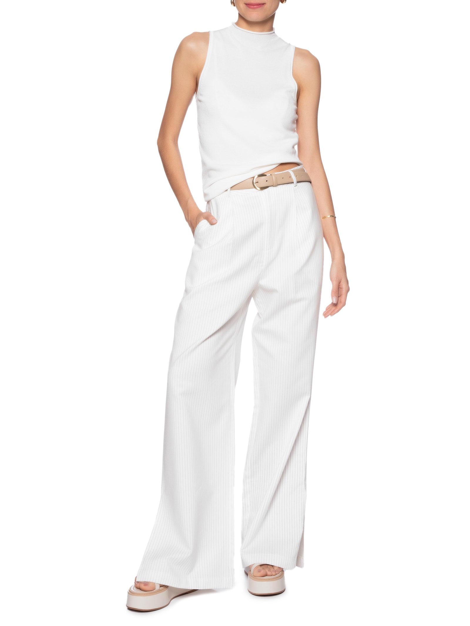 Regata Feminina De Tricot Cropped Rib Larga Branco  Animale Jeans