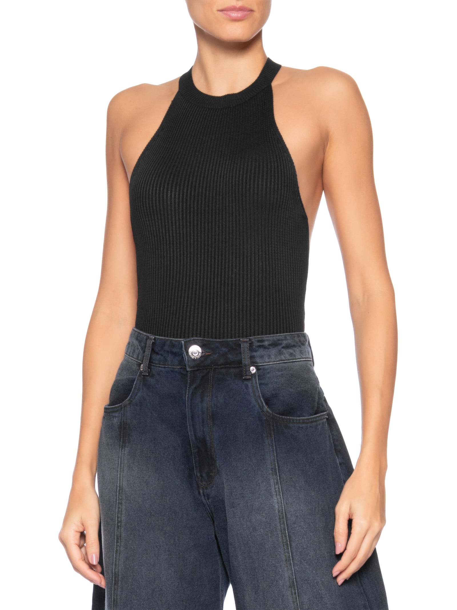 Regata Feminina de Tricot Decote Profundo Costas Preto Animale Jeans