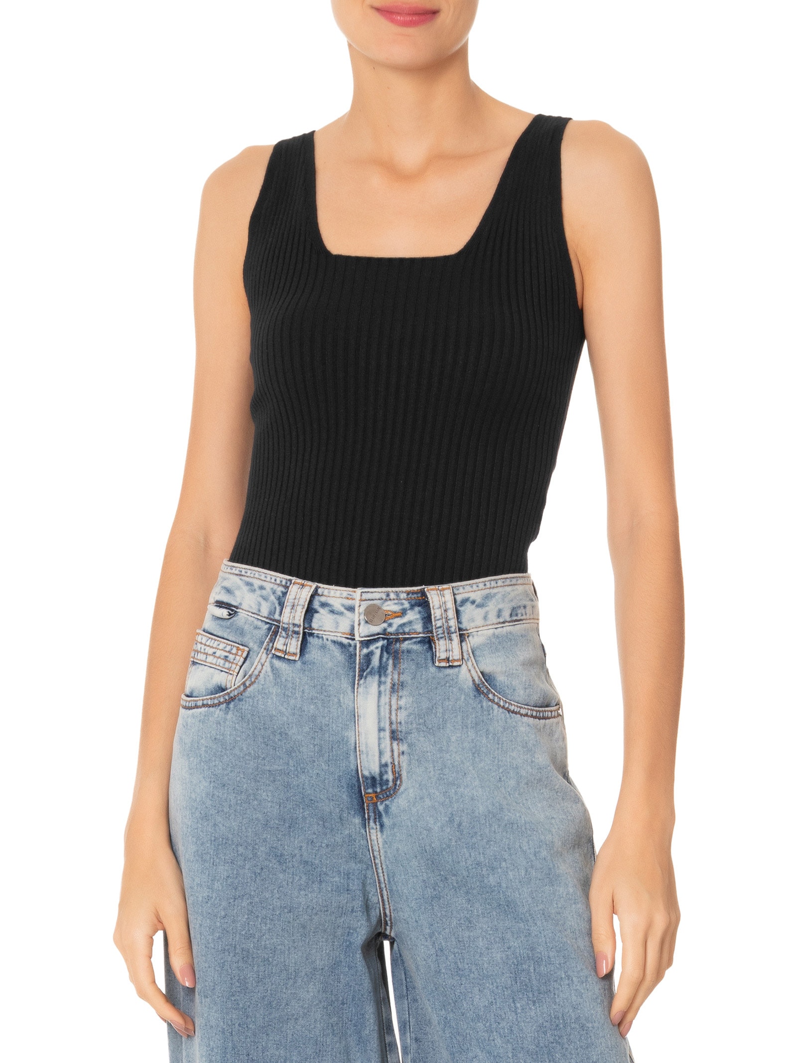 Regata Feminina Decote Quadrado Preto  Anselmi