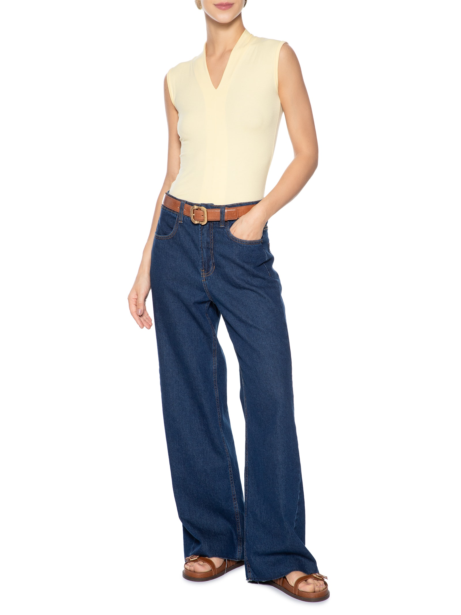 Regata Feminina Decote V Amarelo Basiq