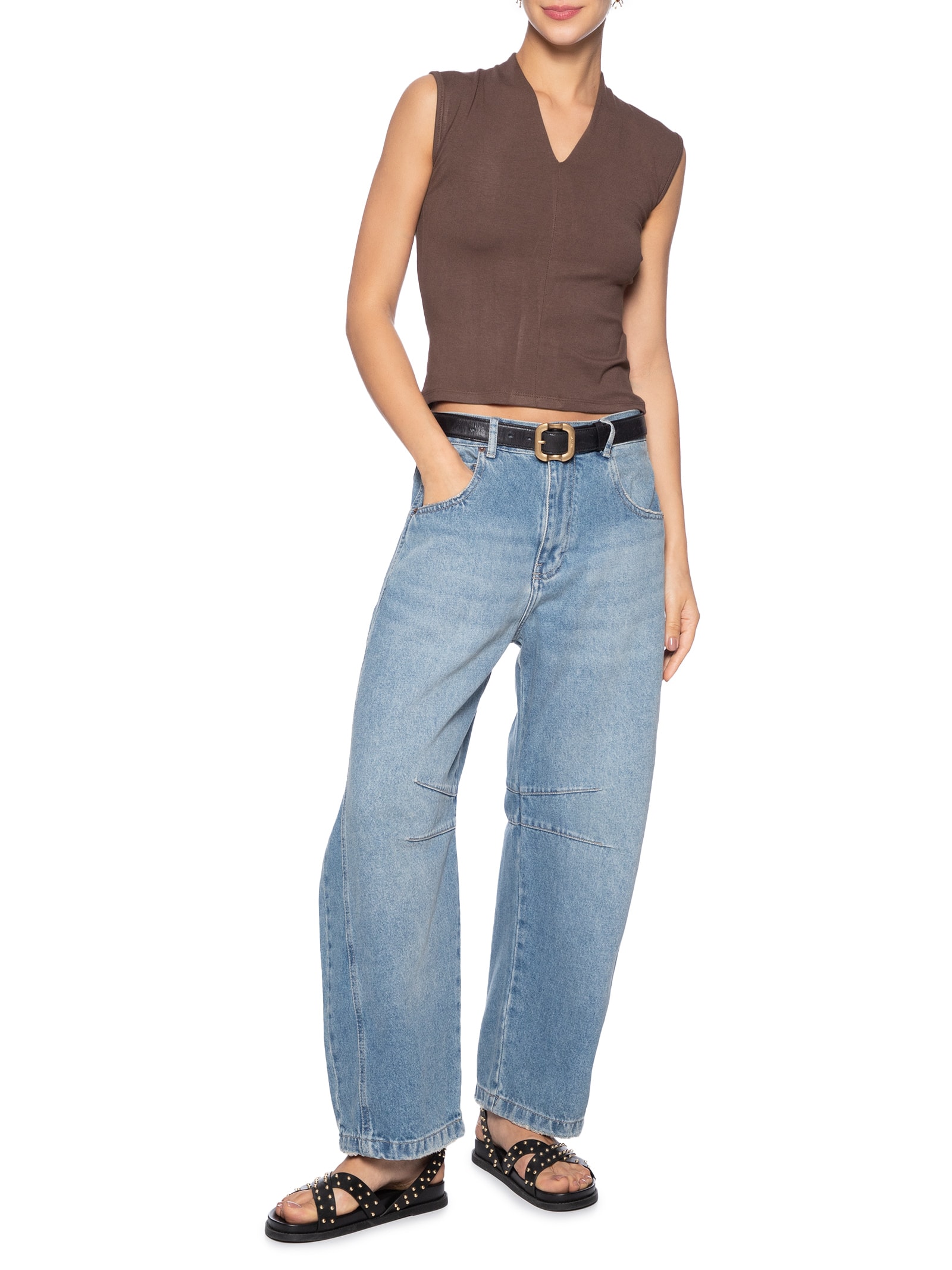 Regata Feminina Decote V Marrom Basiq