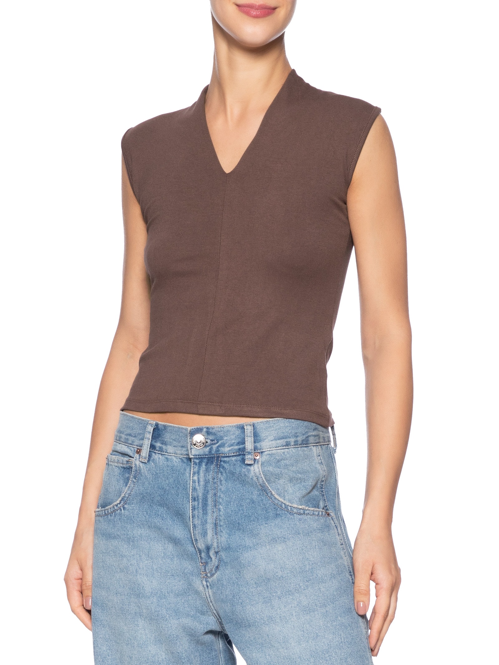 Regata Feminina Decote V Marrom Basiq