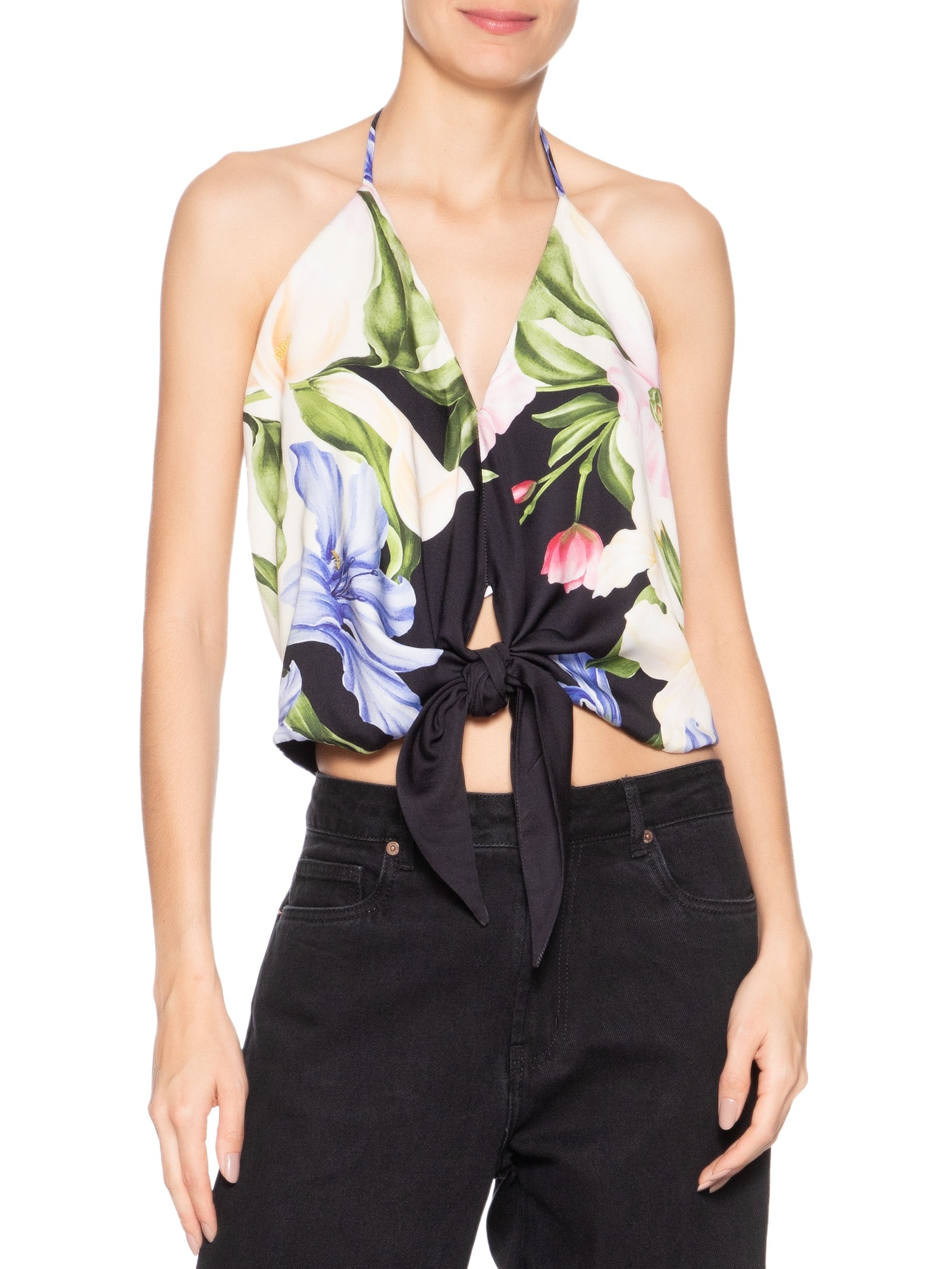 Regata Feminina Double Nó Céu De Flor Preto Farm