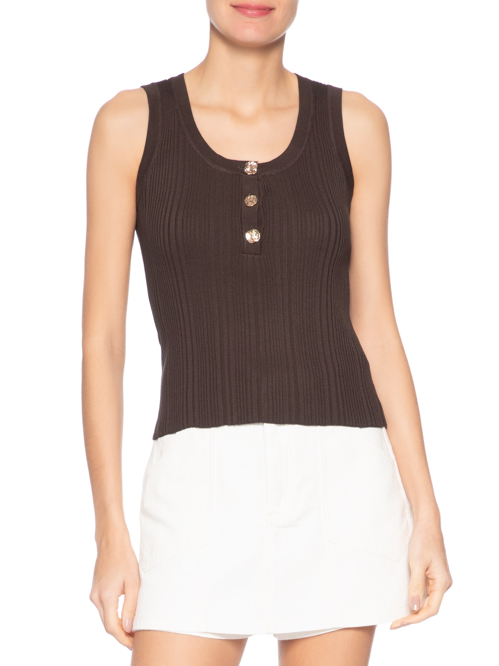 Regata Feminina em Tricot com Abotoamento Marrom Market 33