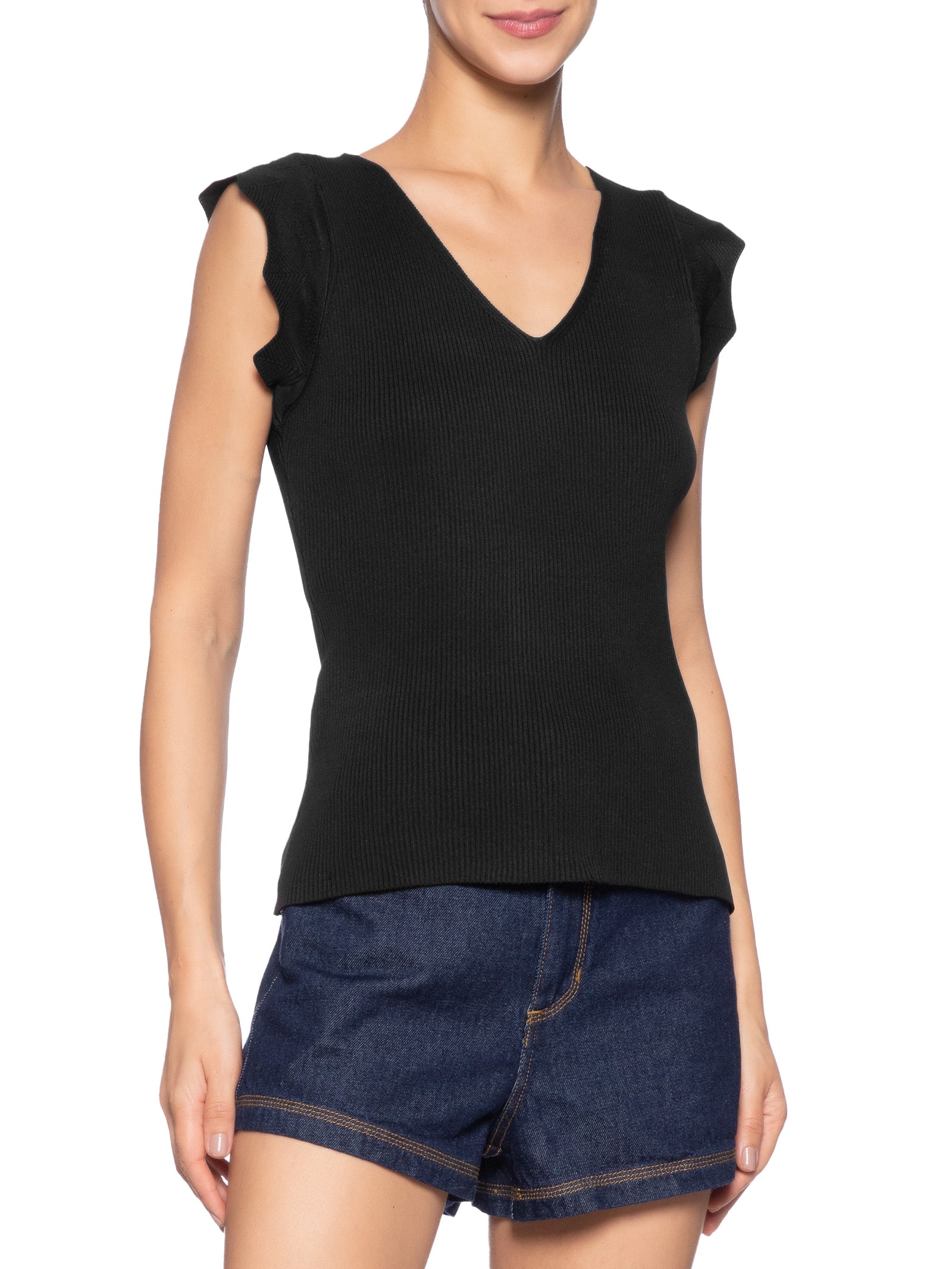 Regata Feminina Em Tricot Preto Market 33