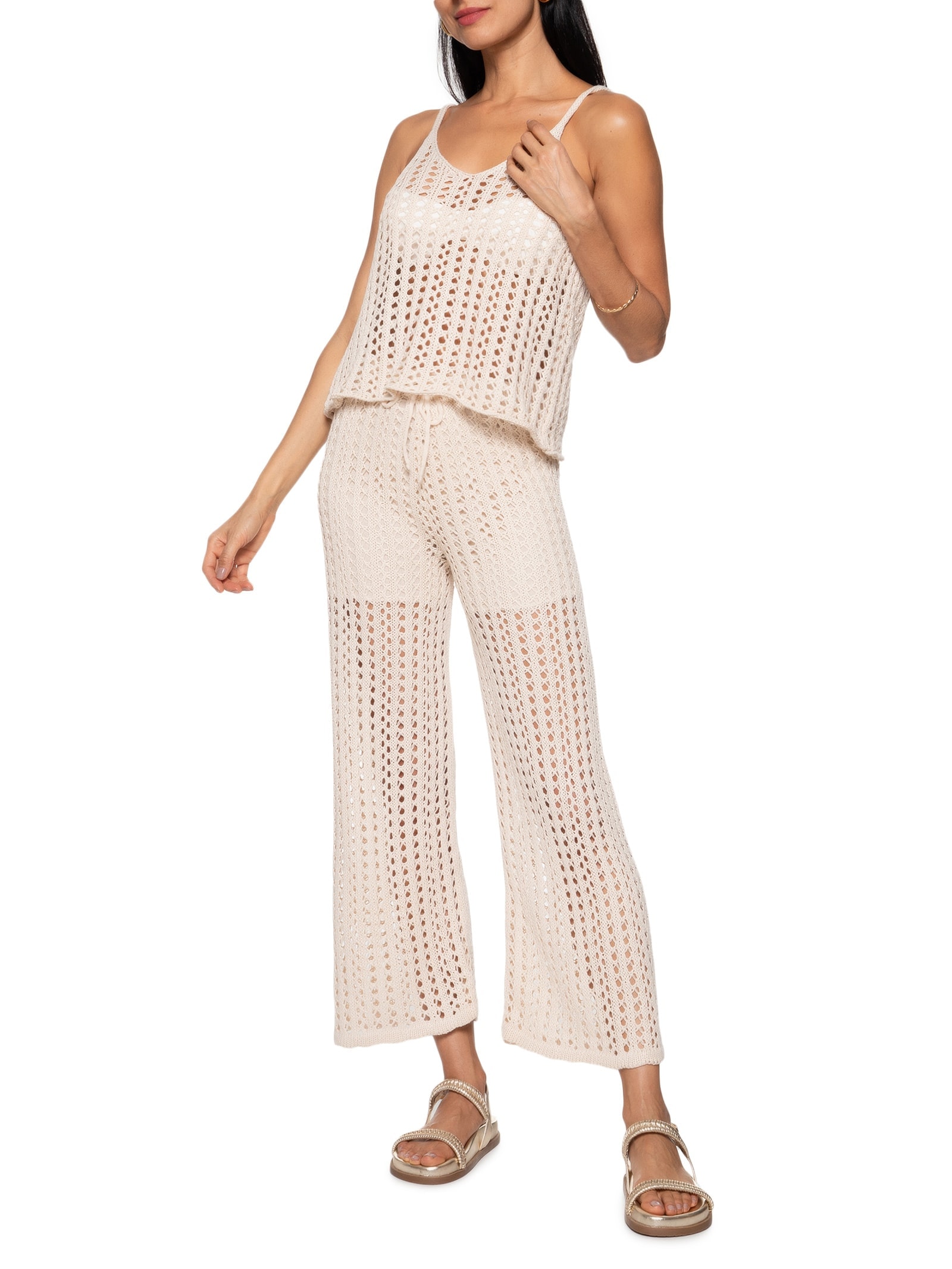 Regata Feminina Estilo Crochet Lisa Tricot Bege Cacay
