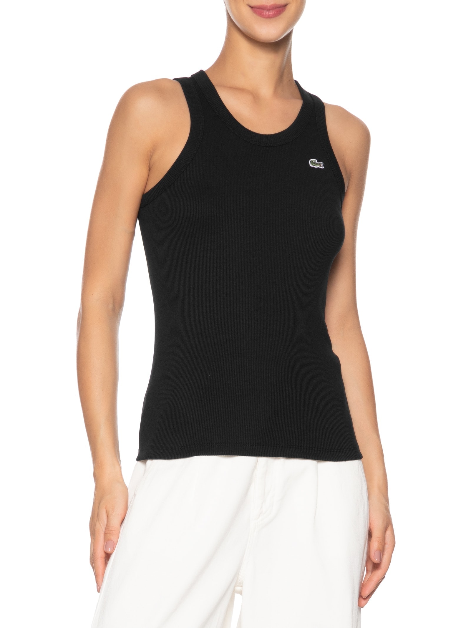 Regata Feminina Fit Ajustado Algodão Preto Lacoste