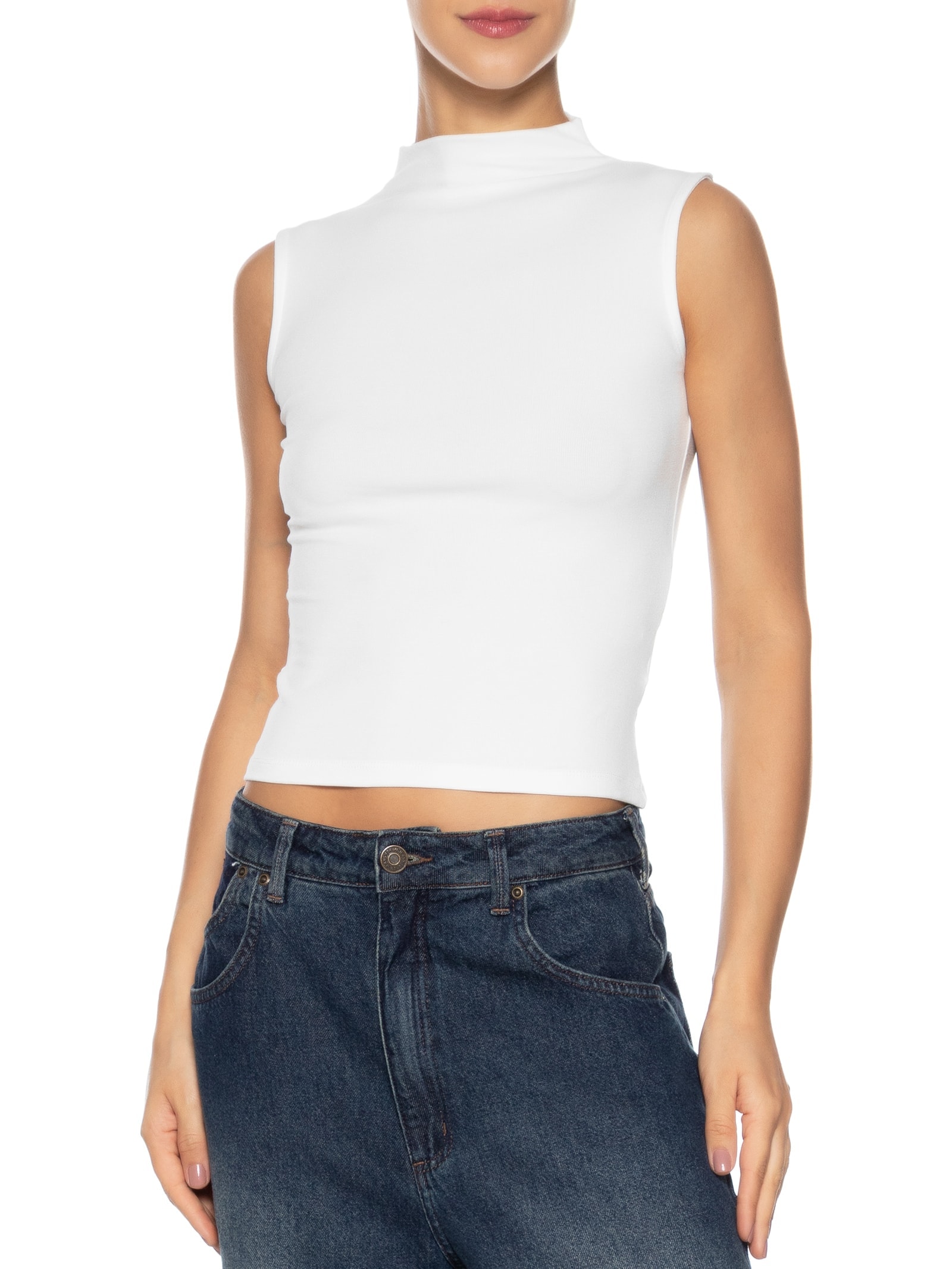 Regata Feminina Gola Alta Branco Basiq