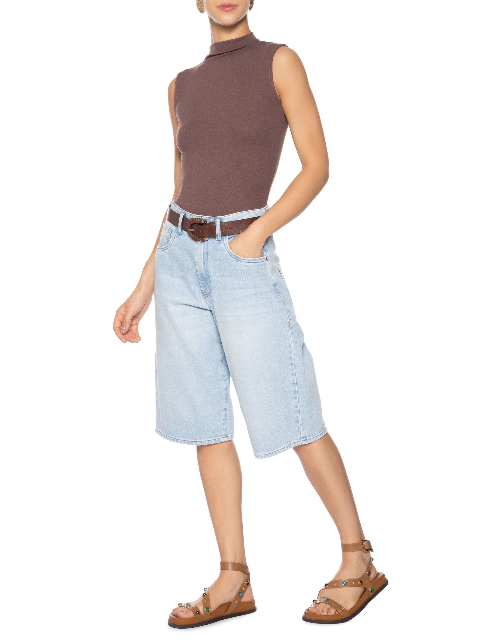 Regata Feminina Gola Alta Marrom Basiq