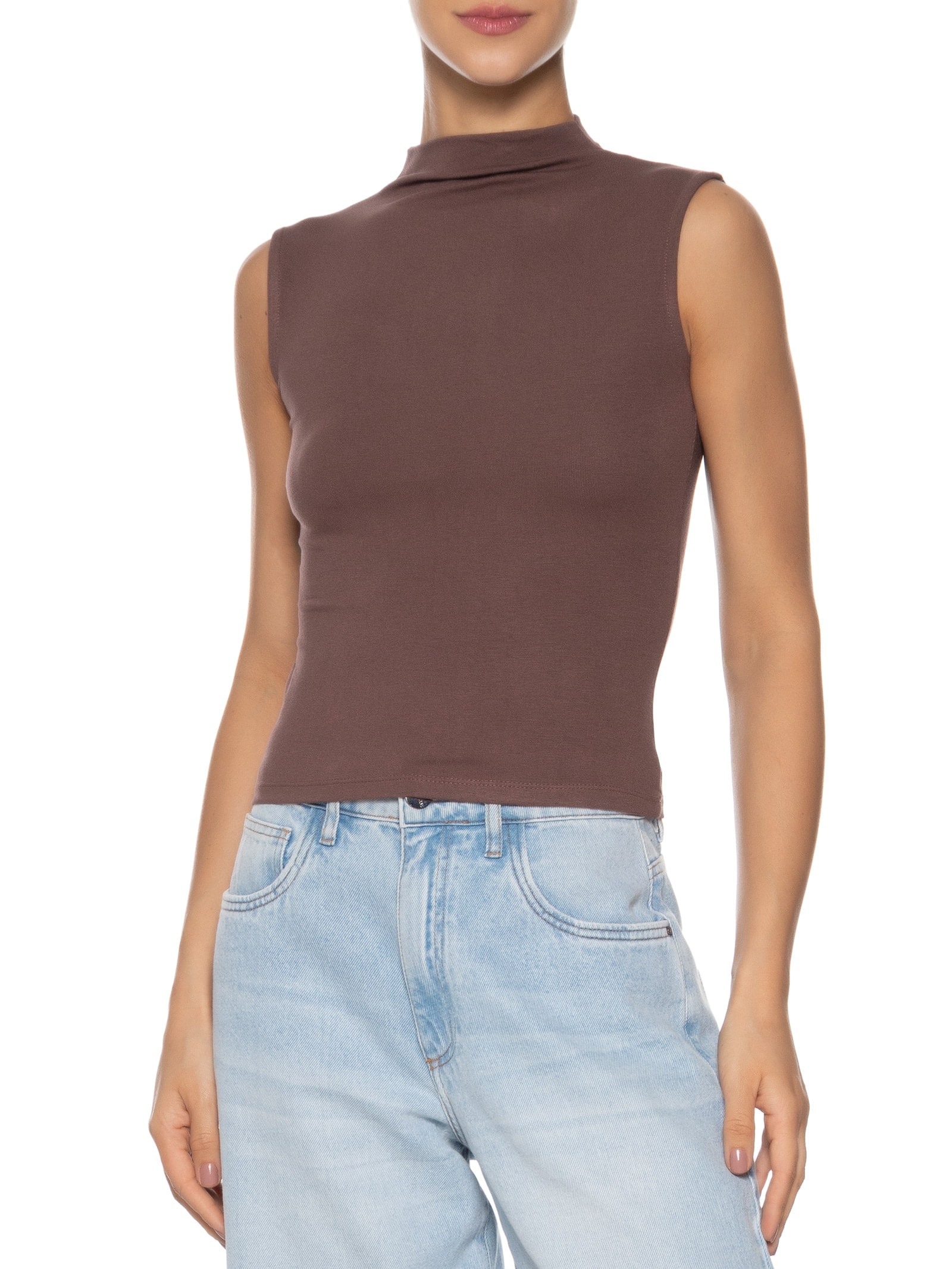 Regata Feminina Gola Alta Marrom Basiq