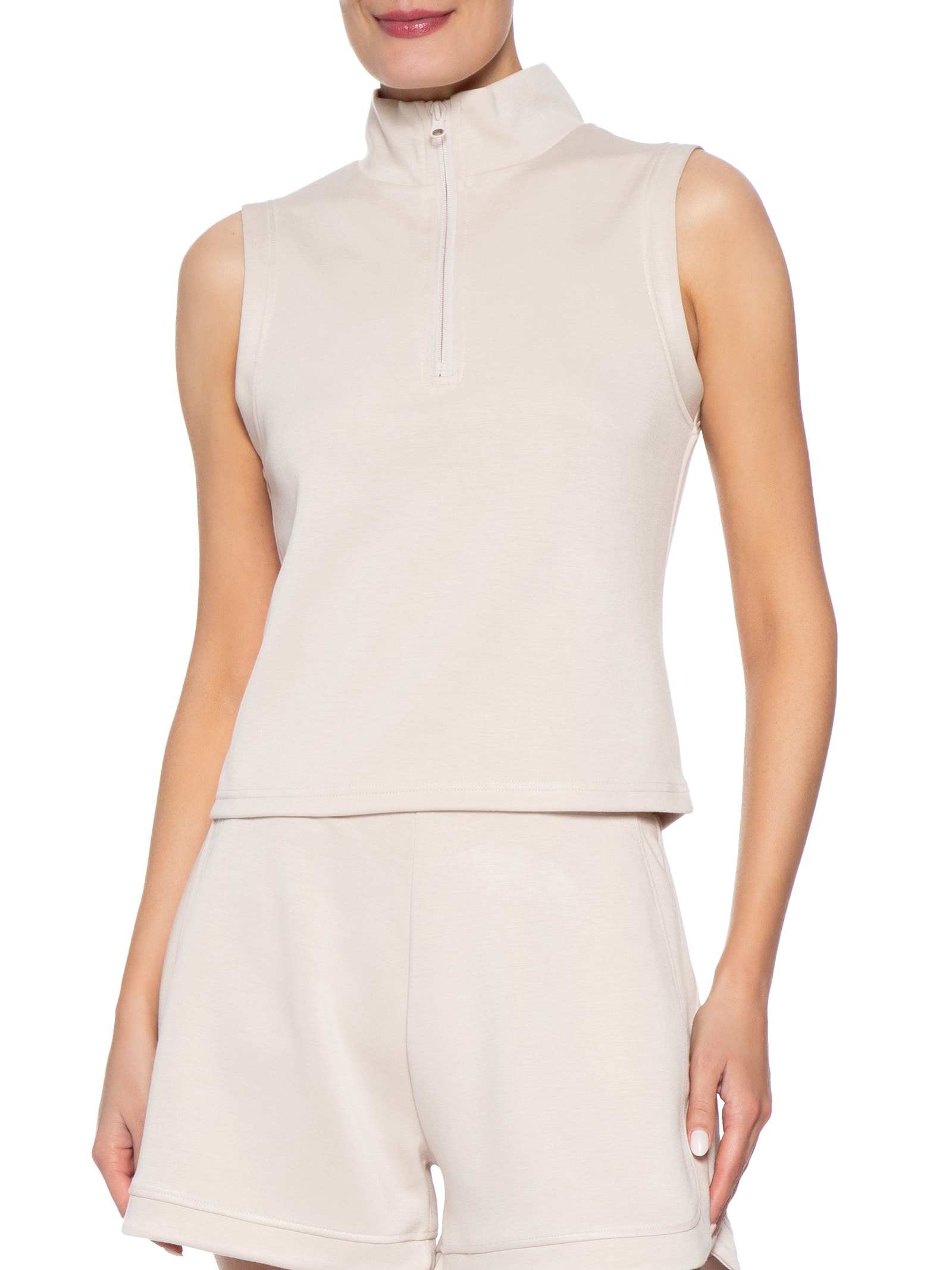 Regata Feminina Gola Alta Moletom Off White Basiq