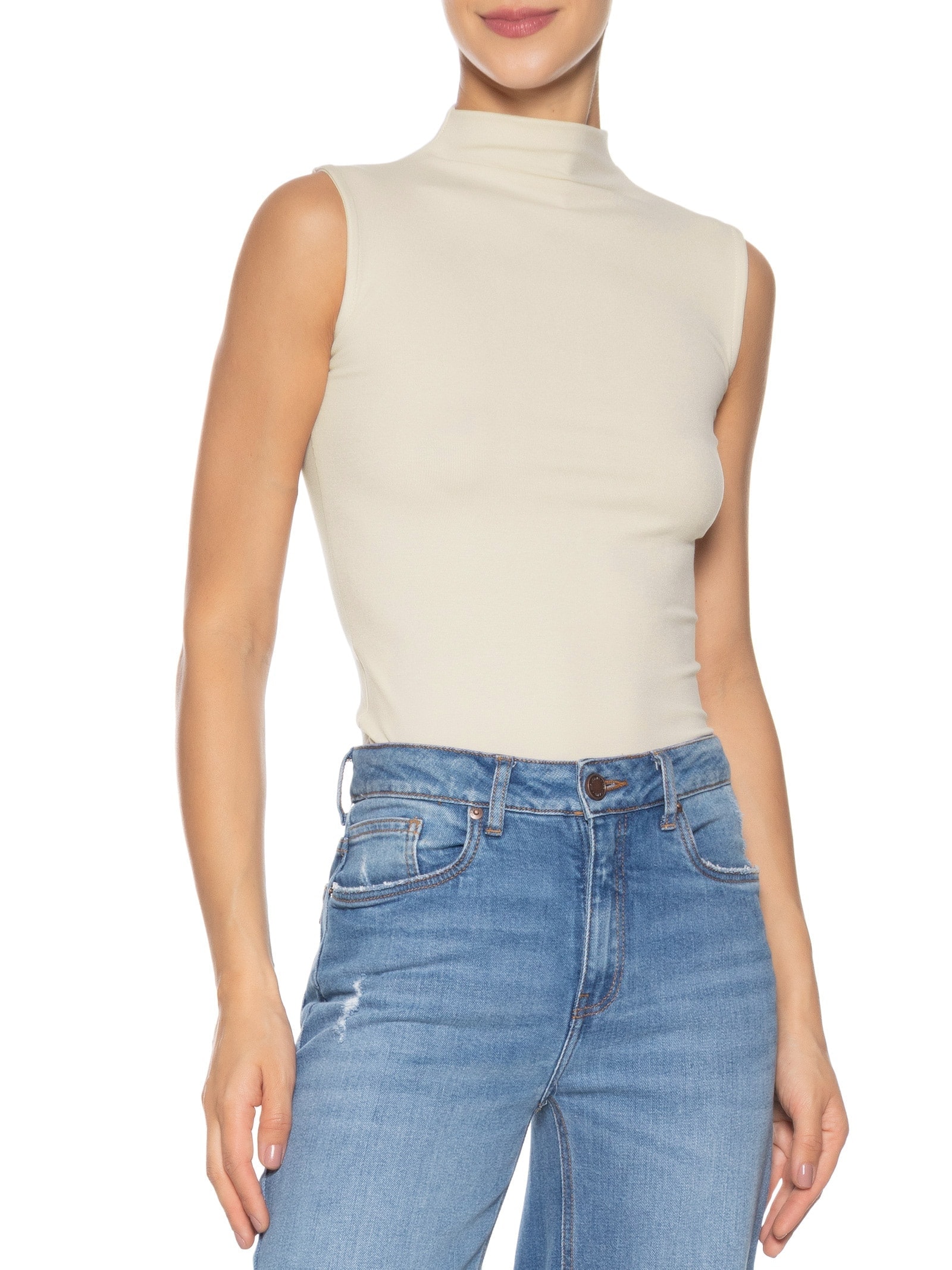 Regata Feminina Gola Alta Off White Basiq