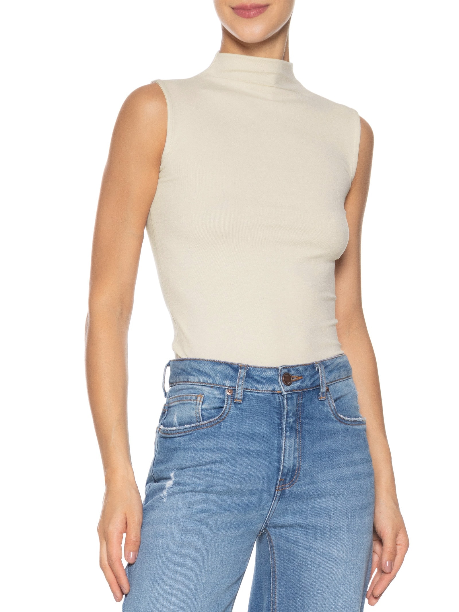 Regata Feminina Gola Alta Off White Basiq