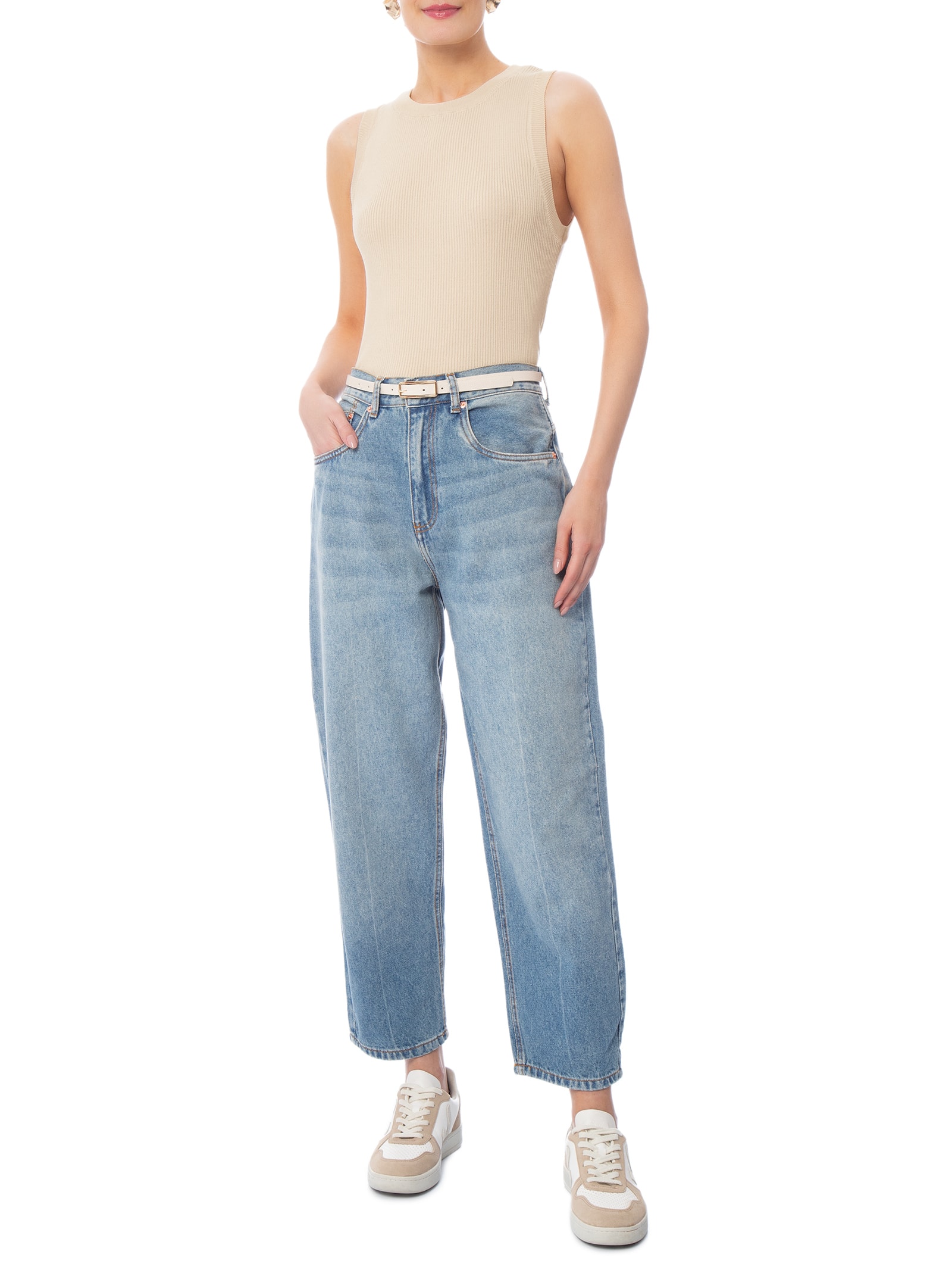 Regata Feminina Gola Redonda Alongada Off White Basiq