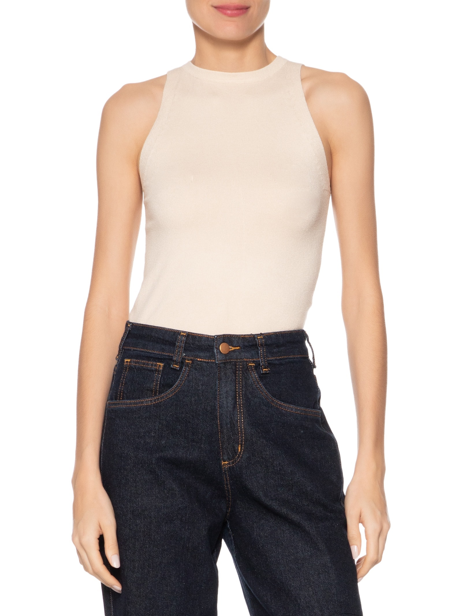 Regata Feminina Gola Redonda Em Tricot Off White '2Essential