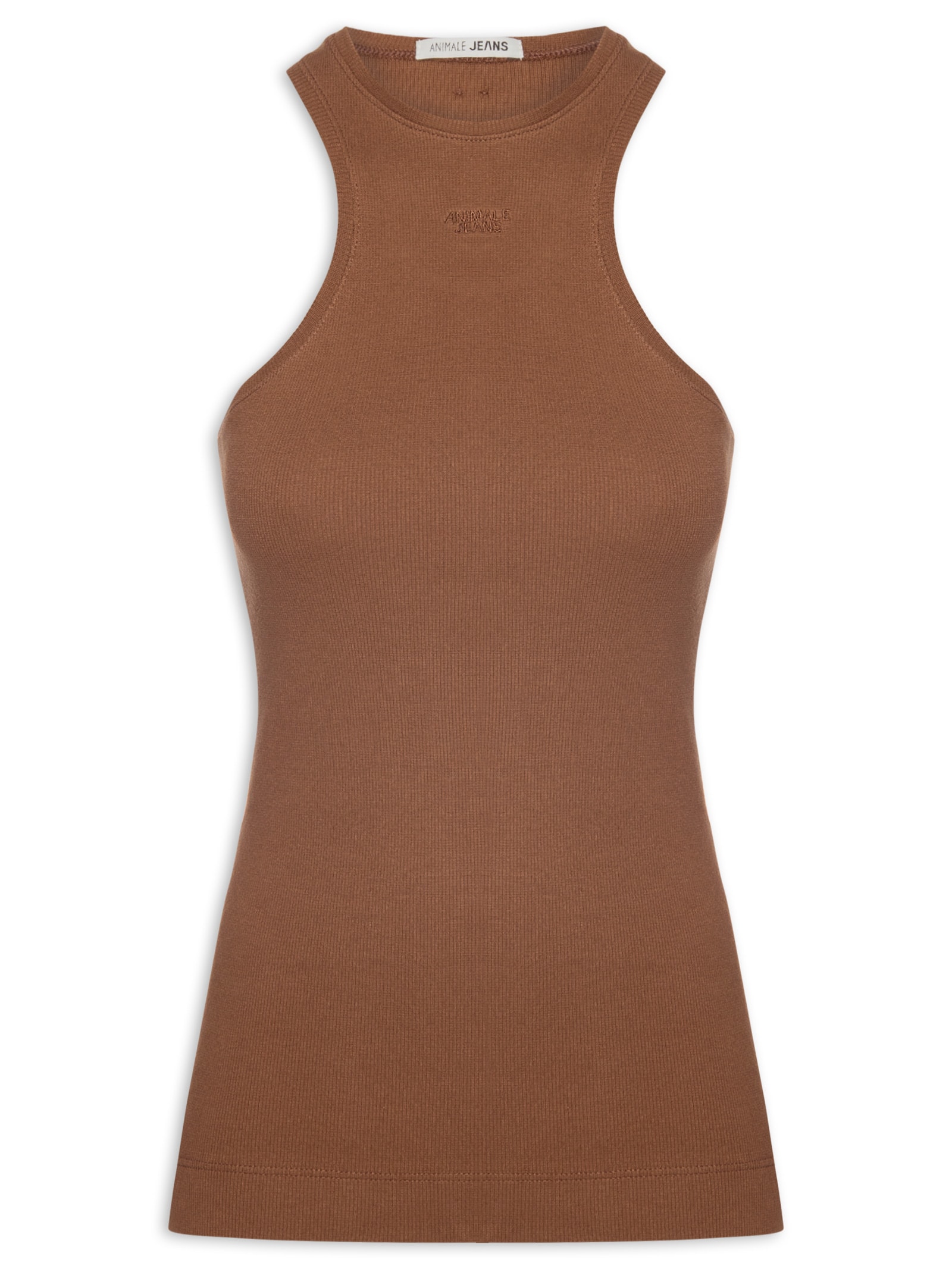 Regata Feminina Malha Halter Marrom Animale Jeans