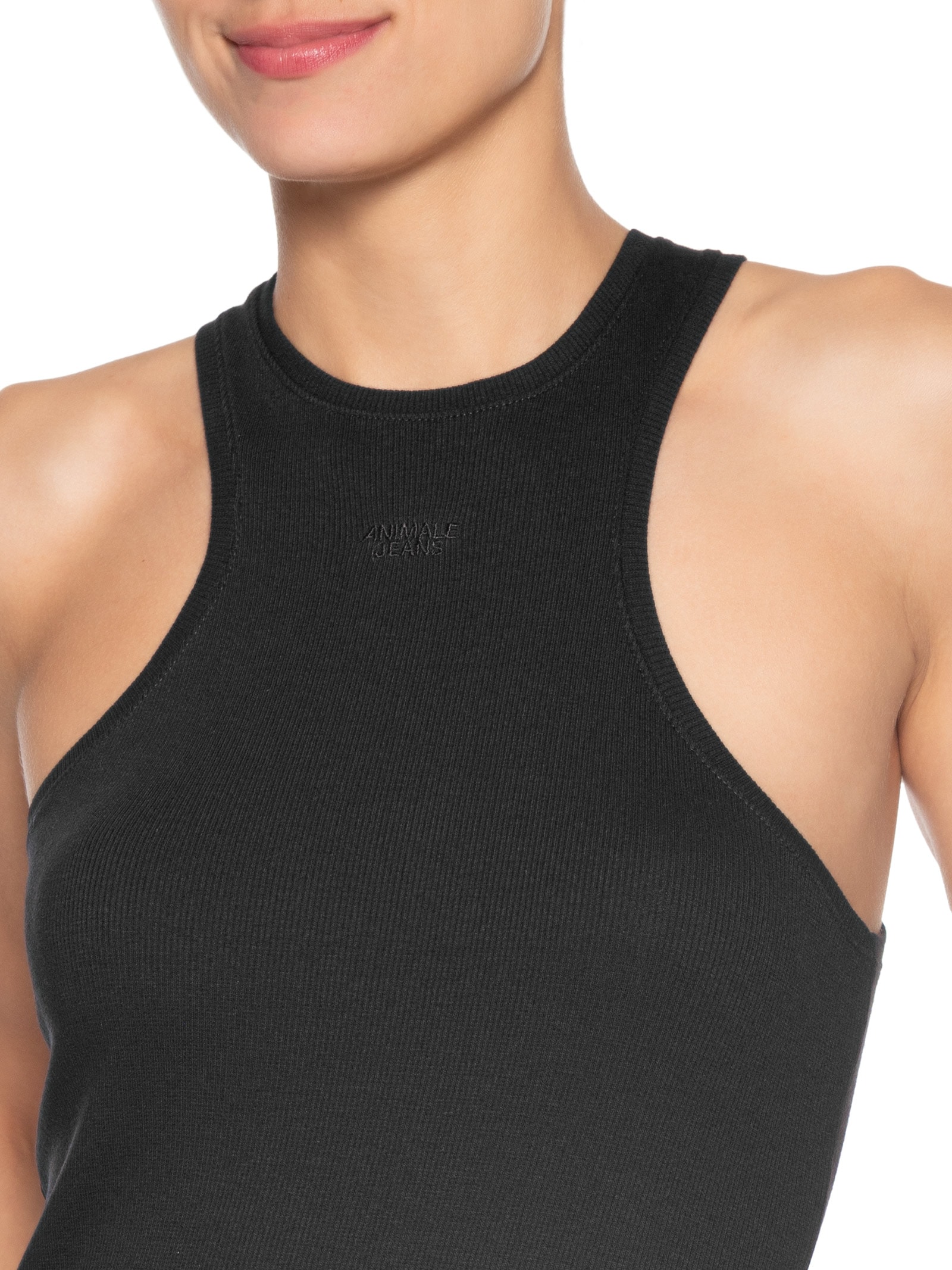 Regata Feminina Malha Halter Preto Animale Jeans