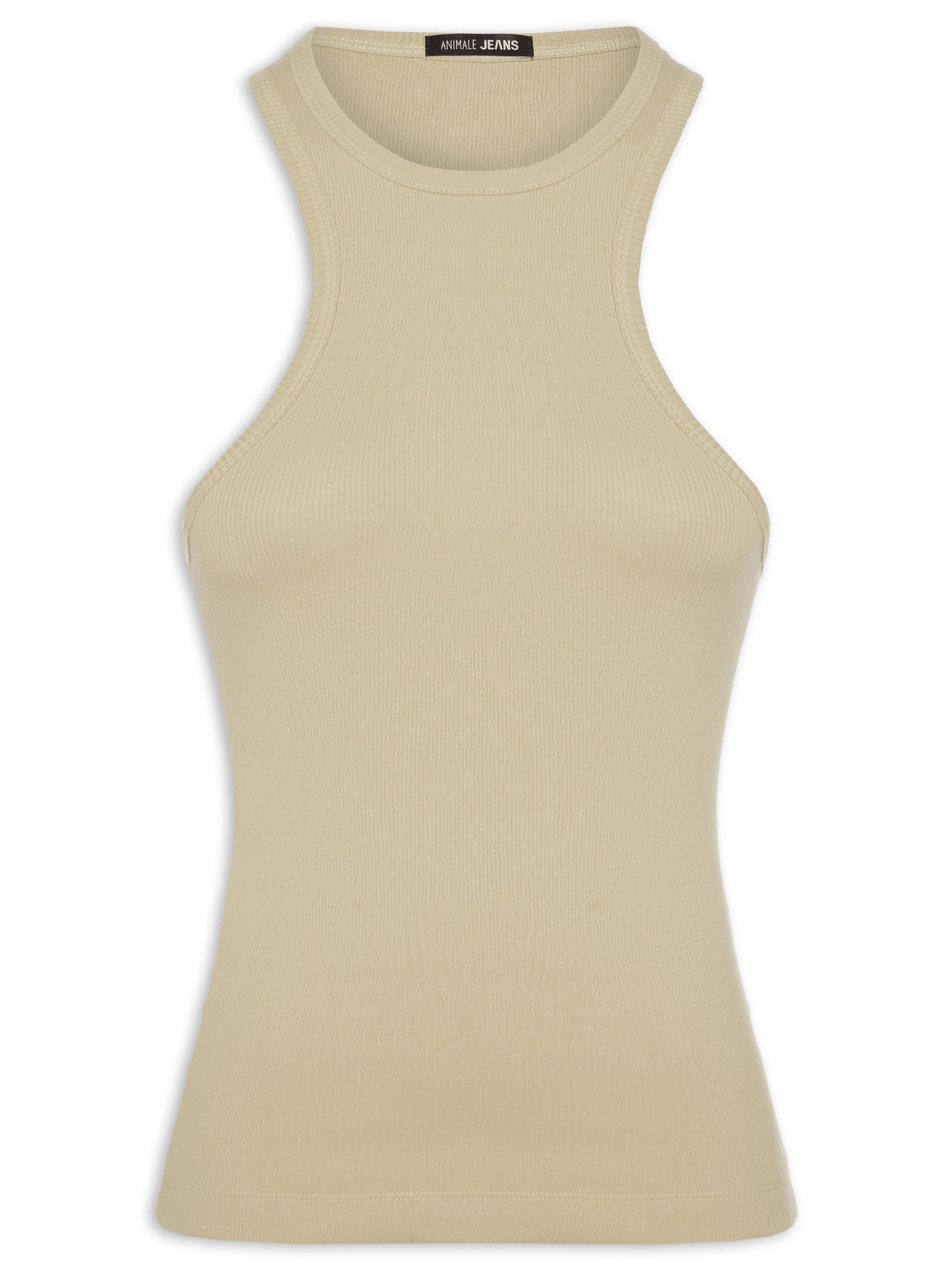 Regata Feminina Malha Rib Halter Nick Bege Animale Jeans