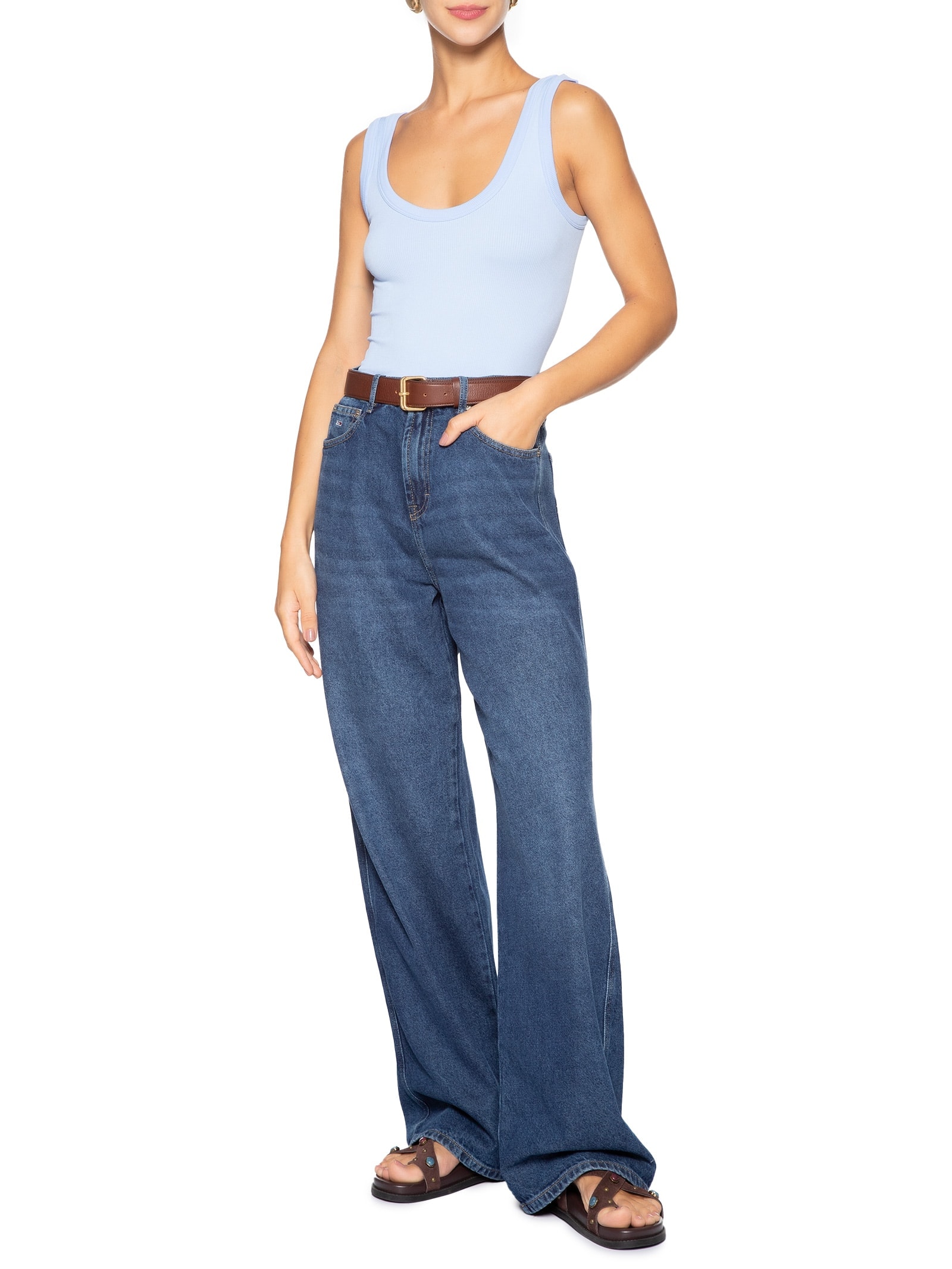 Regata Feminina Poliamida Canelada Decote em U Azul Basiq