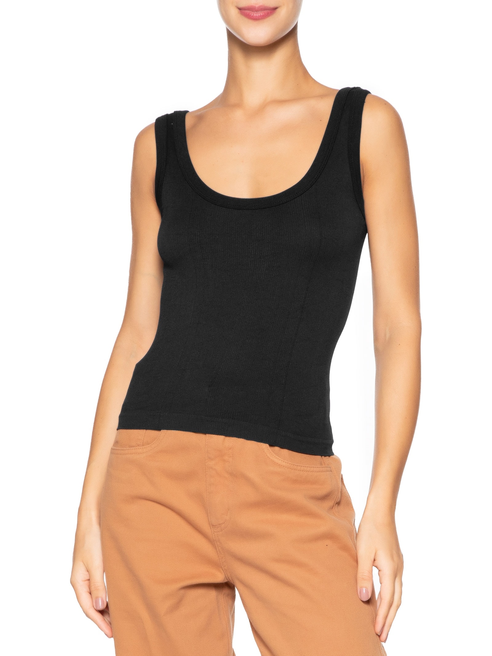 Regata Feminina Poliamida Canelada Decote em U Preto Basiq