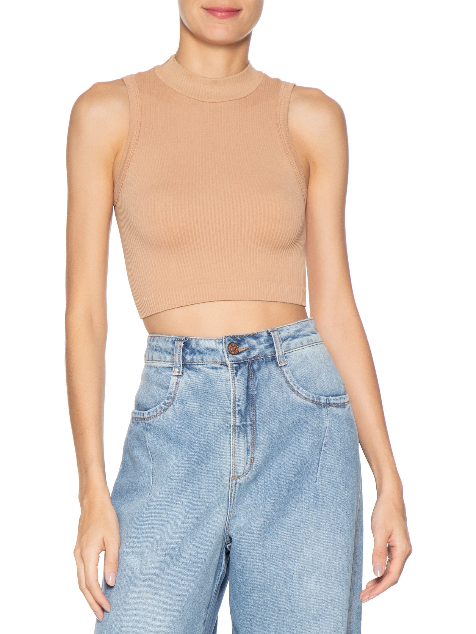 Regata Feminina Poliamida Canelada Gola Bege Basiq