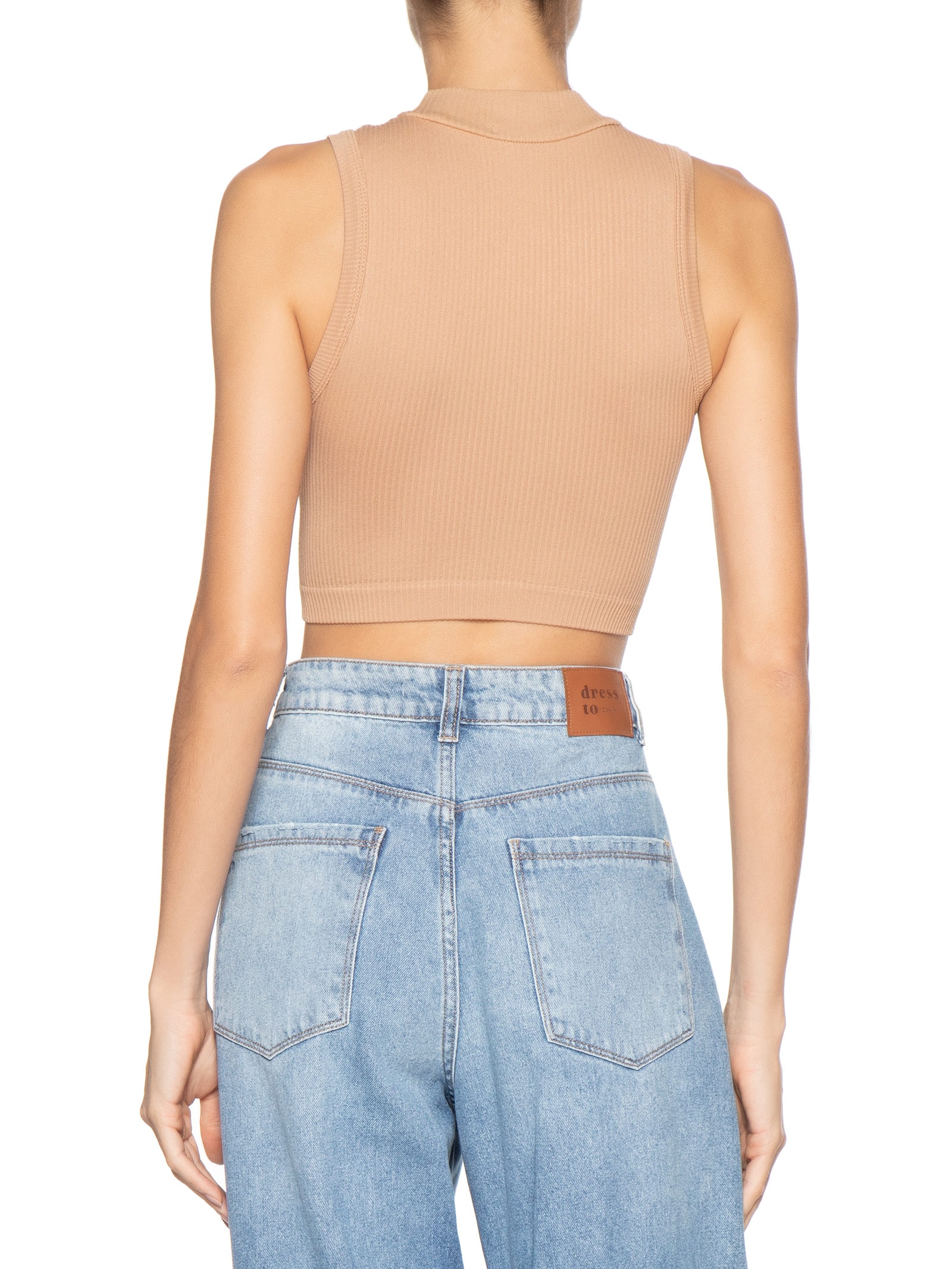 Regata Feminina Poliamida Canelada Gola Bege Basiq