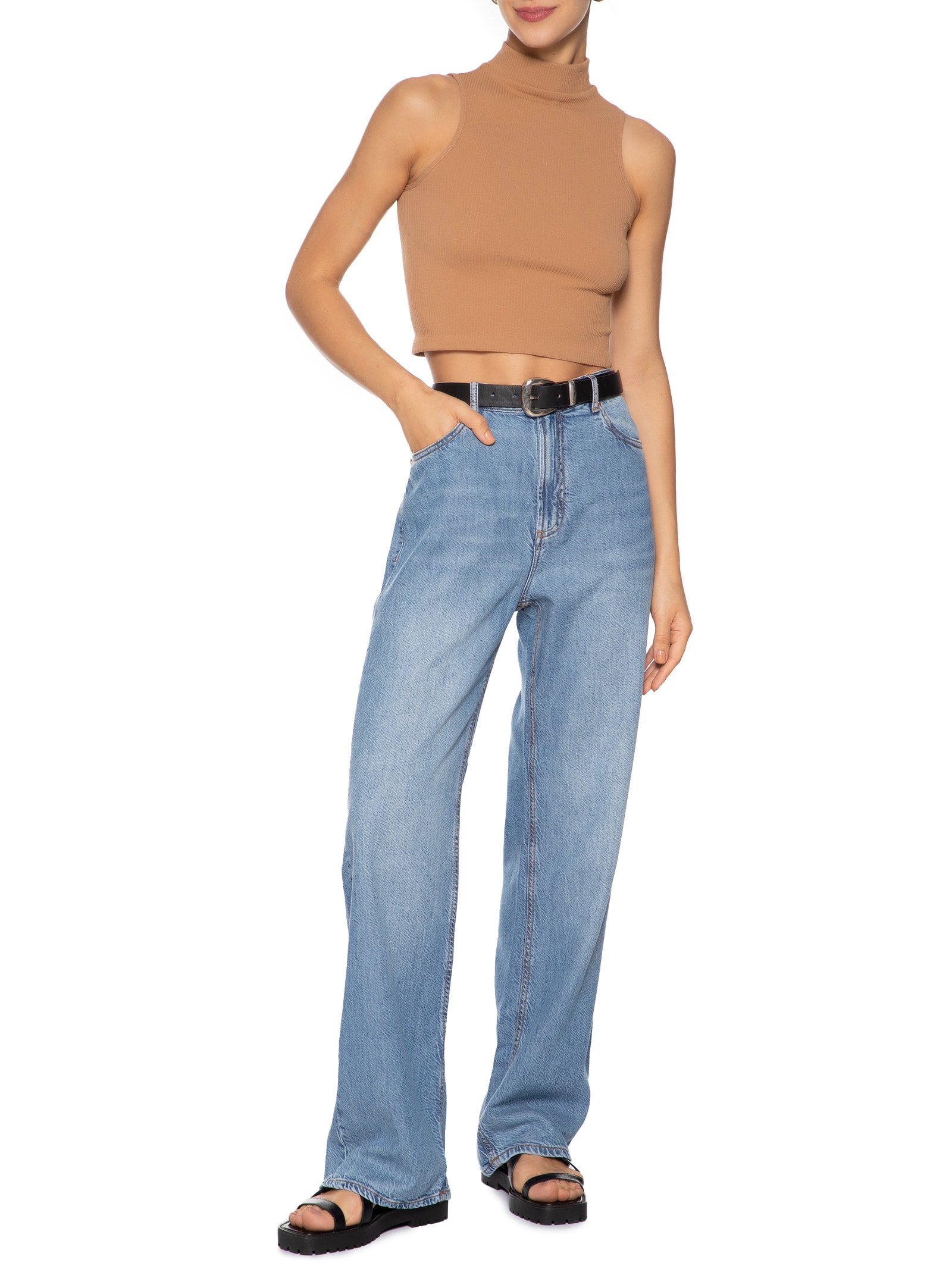 Regata Feminina Poliamida Gola Alta Bege Basiq