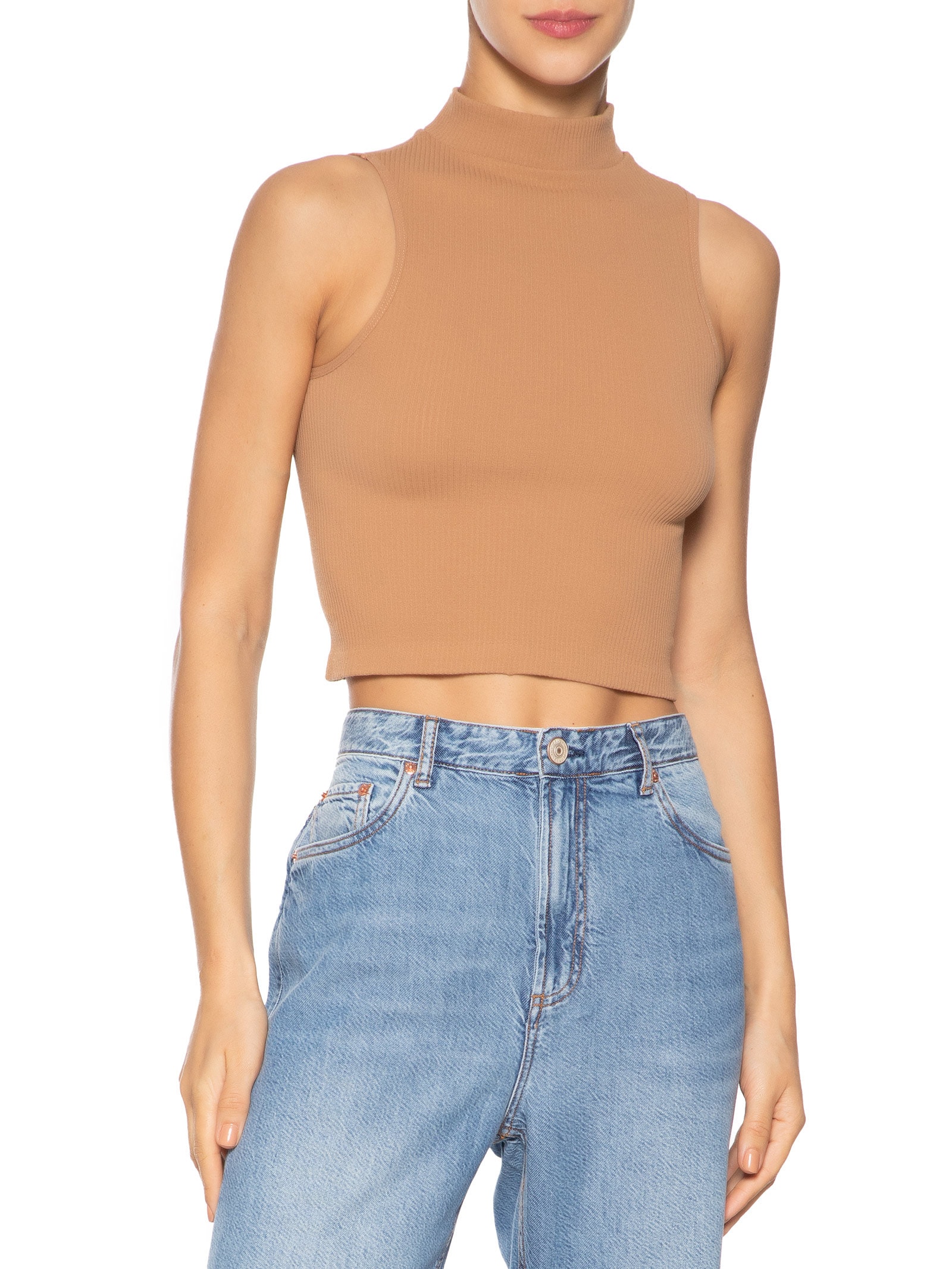 Regata Feminina Poliamida Gola Alta Bege Basiq