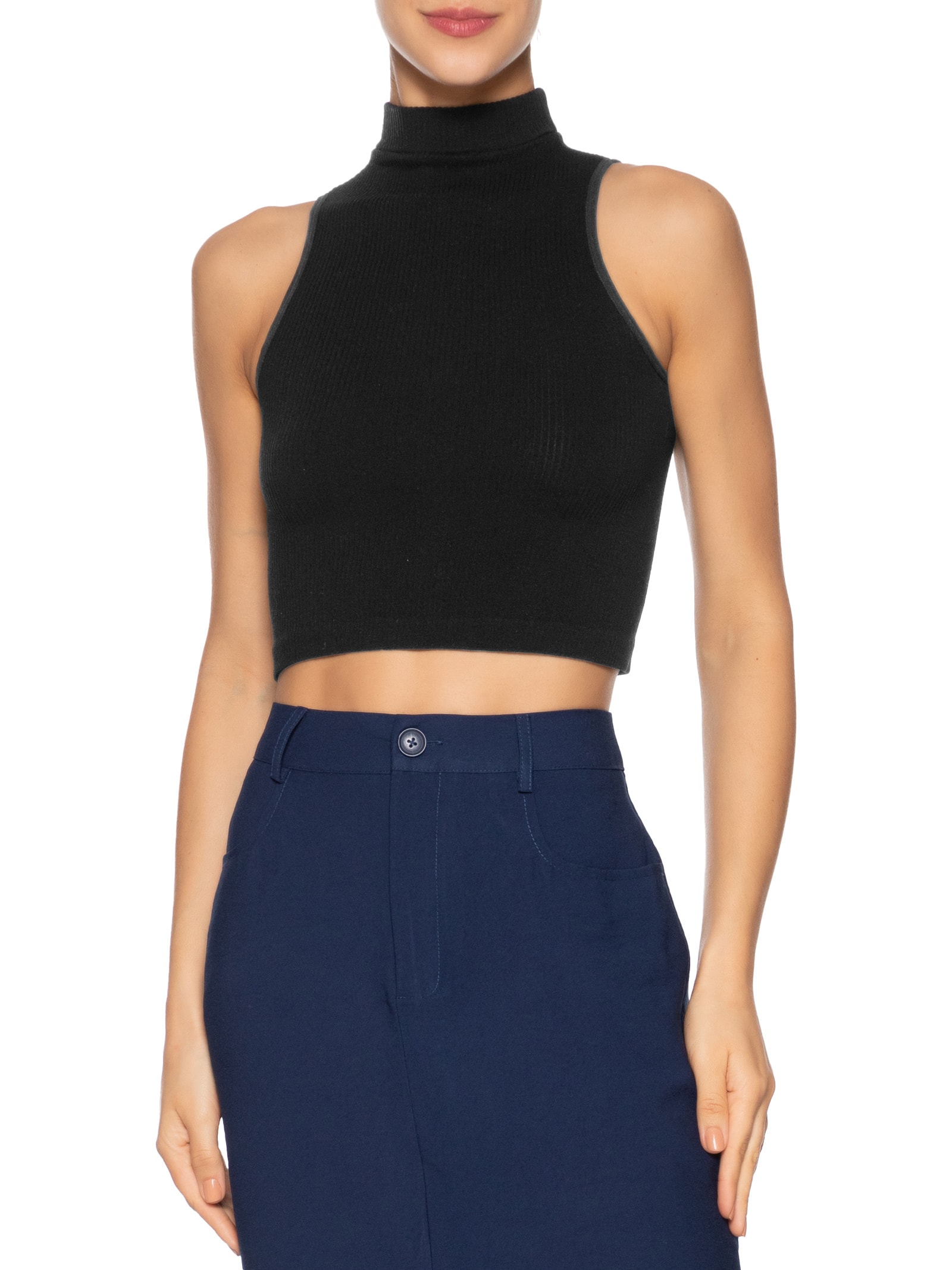 Regata Feminina Poliamida Gola Alta Preto Basiq