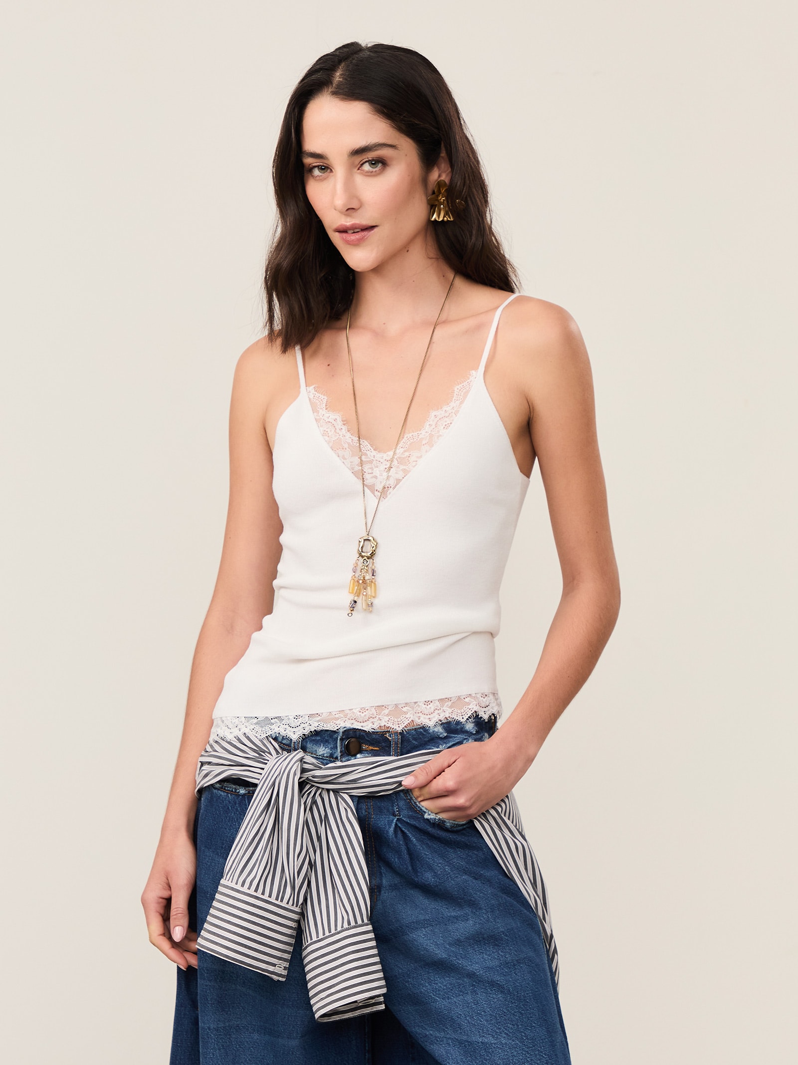 Regata Feminina Renda Meia Malha De Tricot Branco Animale