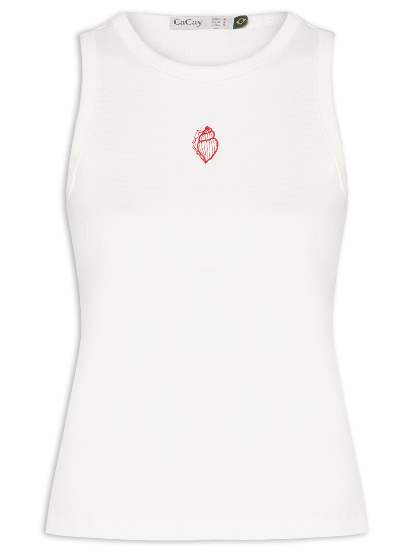 Regata Feminina Rib Bordado Concha Cacau Branco Cacay