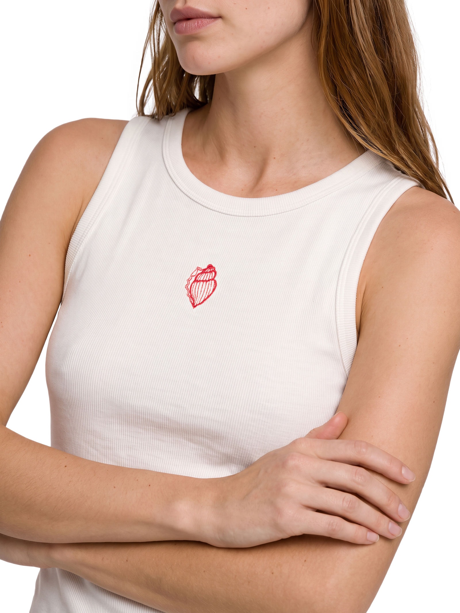 Regata Feminina Rib Bordado Concha Cacau Branco Cacay