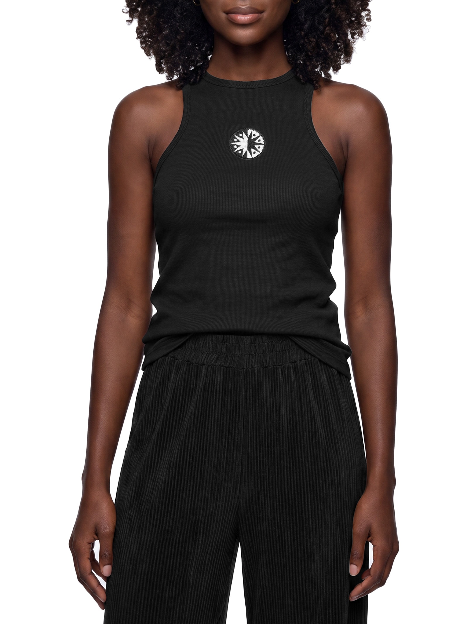 Regata Feminina Rib Bordado Preto Cacay