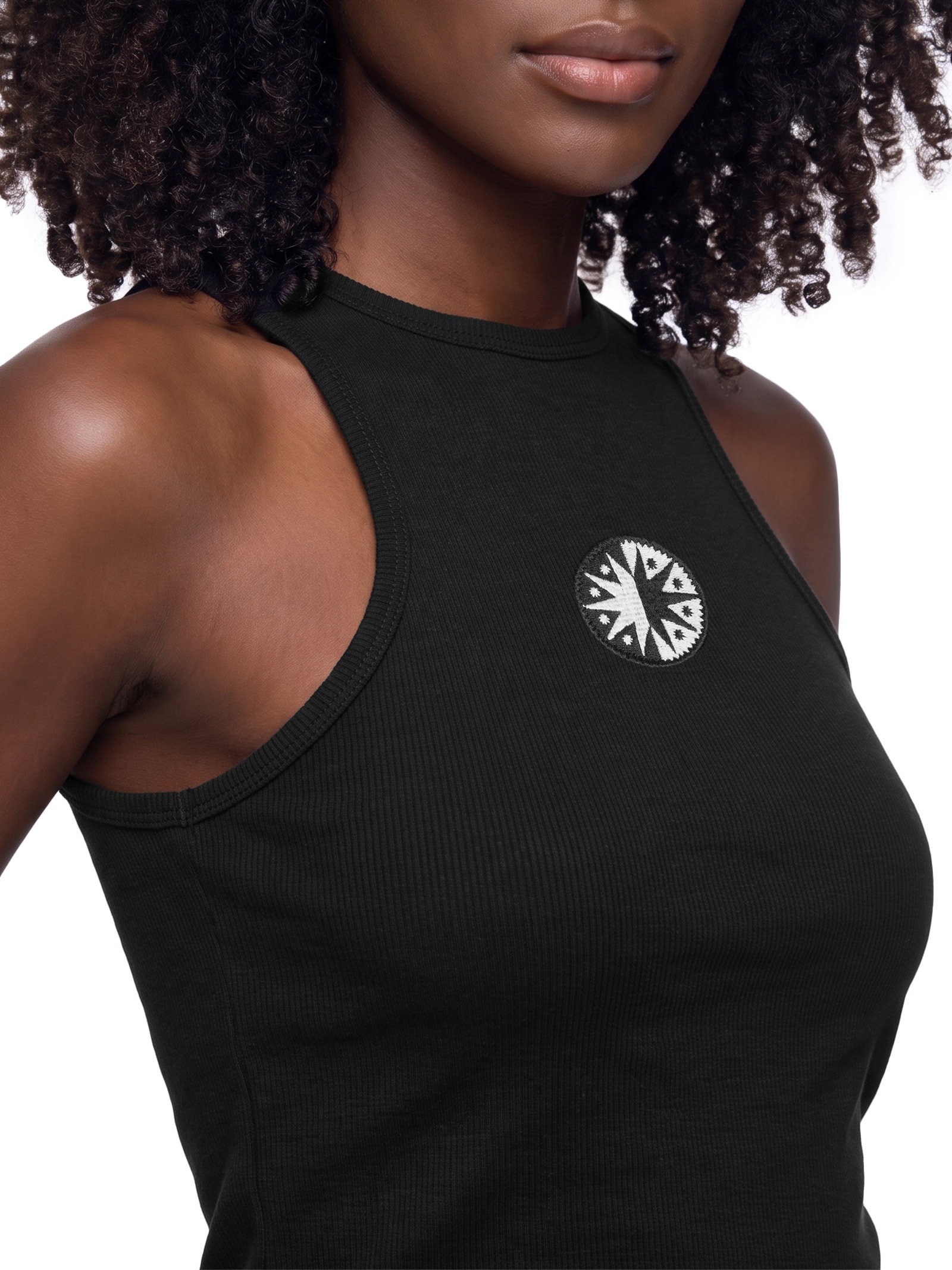 Regata Feminina Rib Bordado Preto Cacay