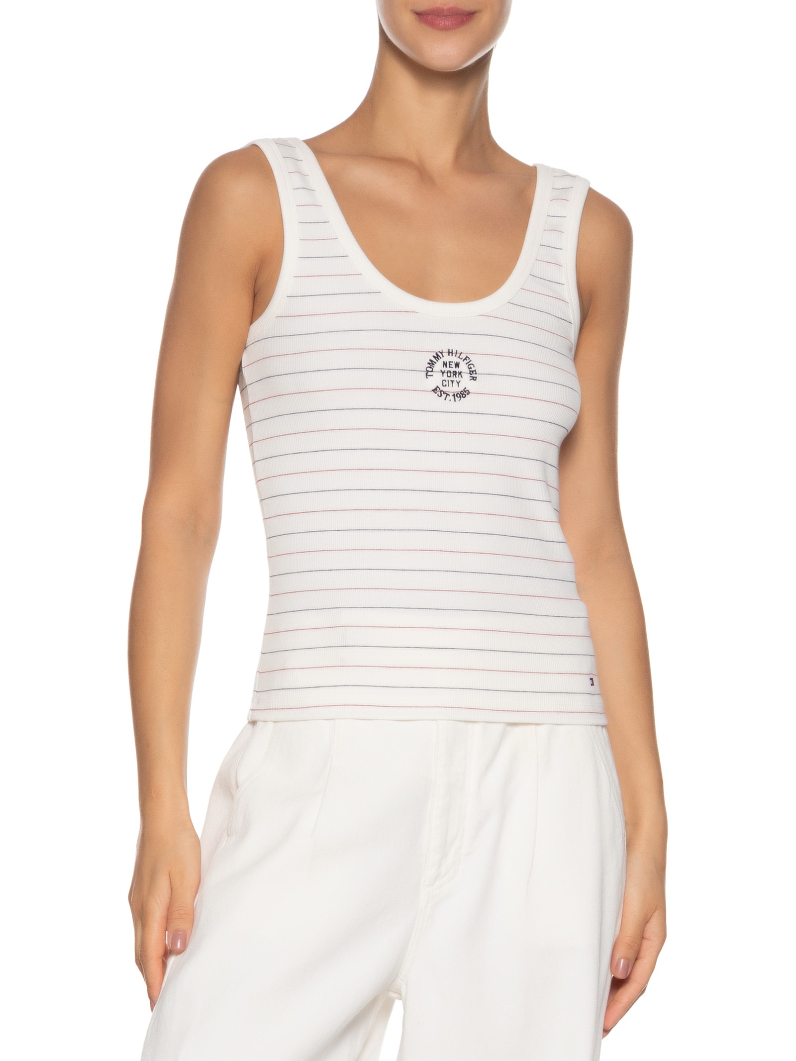 Regata Feminina Roundall Rib Slim Tank Top Branco Tommy Hilfiger