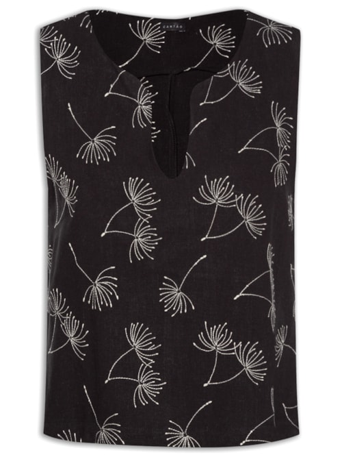 Regata Feminina Shell Linho Bordado Dente de Leão - Preto