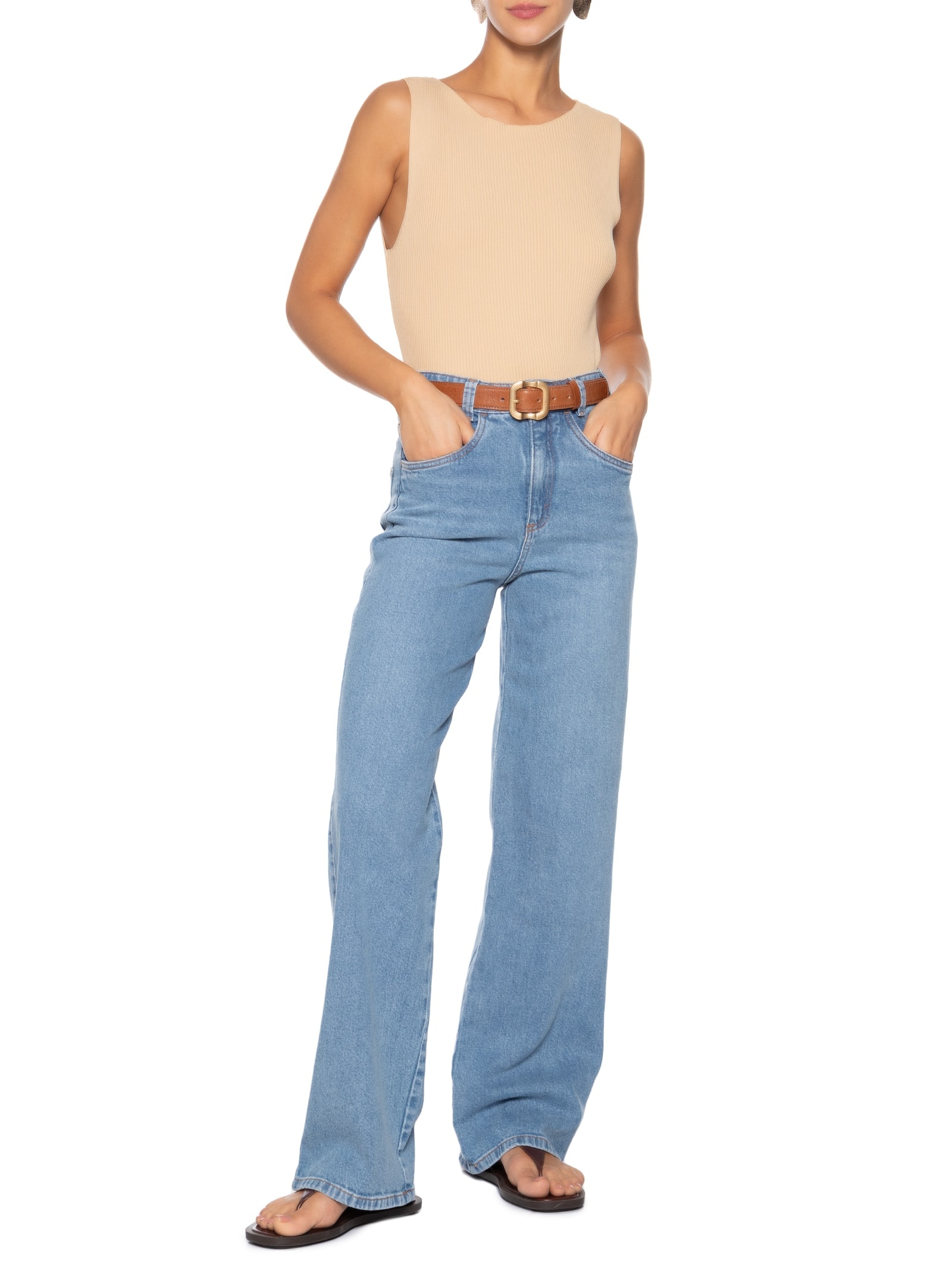 Regata Feminina Tricot Básica Bege Basiq