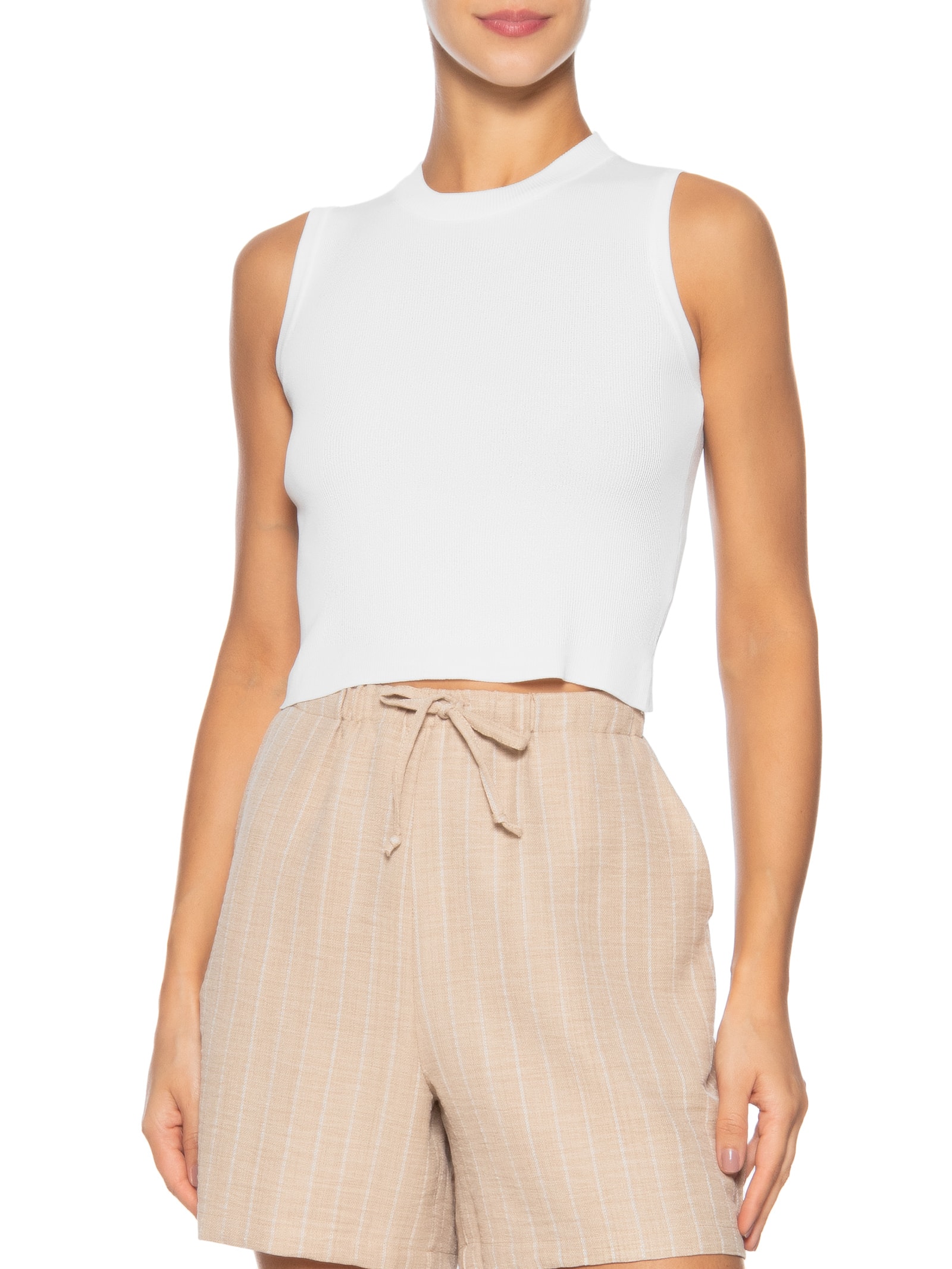 Regata Feminina Tricot Básica Bege Basiq