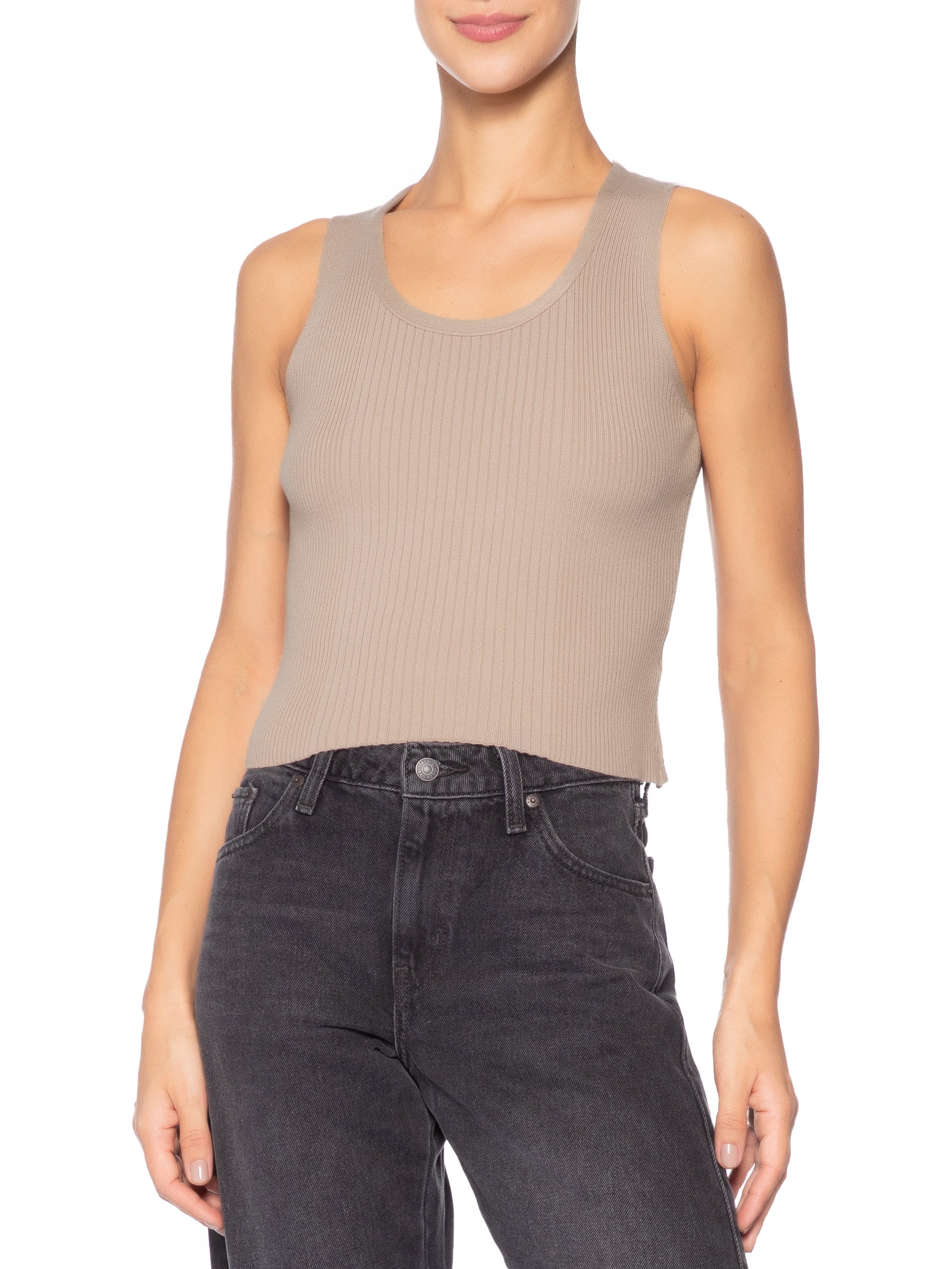 Regata Feminina Tricot Básica Bege Basiq