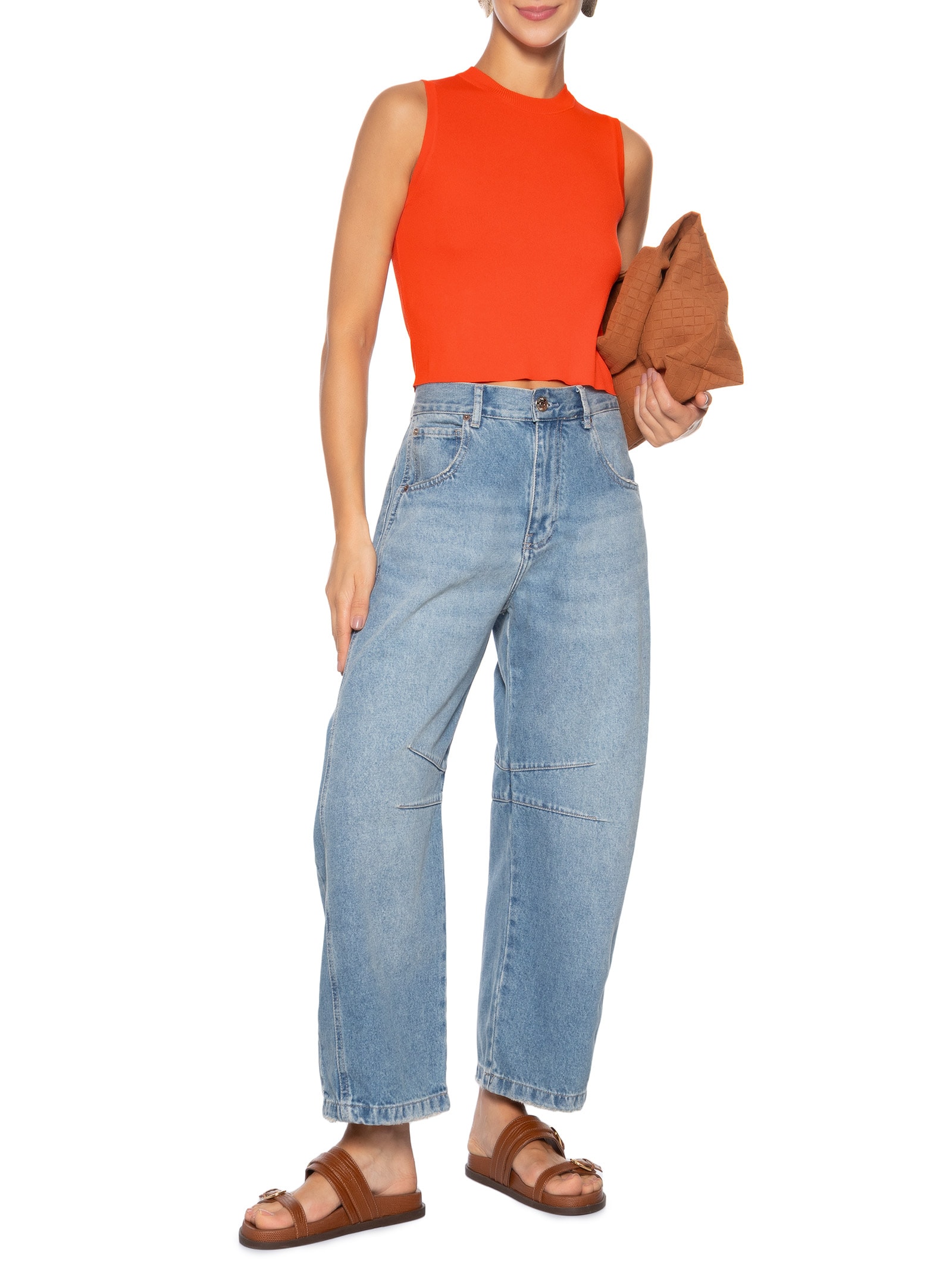 Regata Feminina Tricot Básica Laranja Basiq