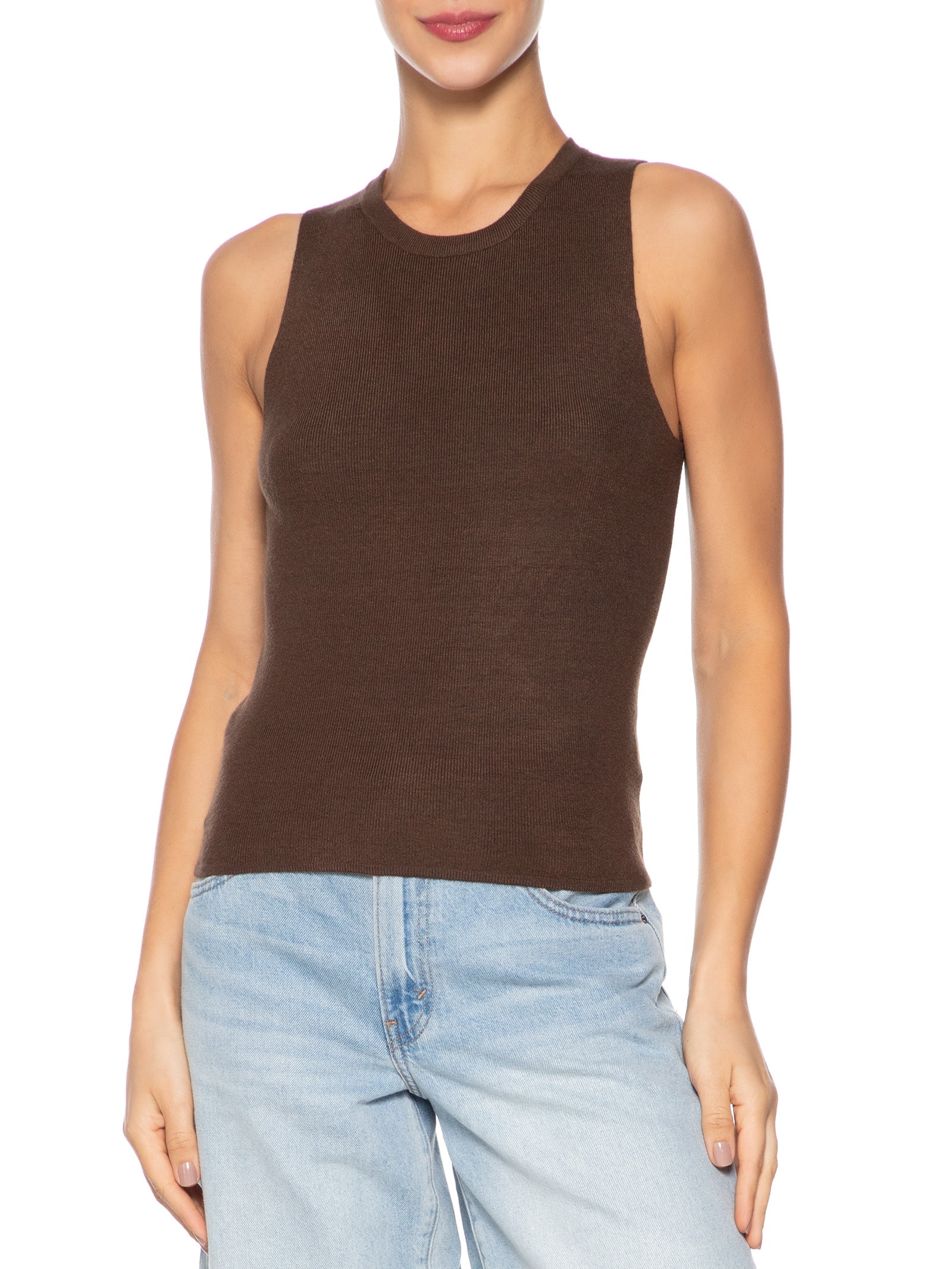 Regata Feminina Tricot Básica Marrom Basiq