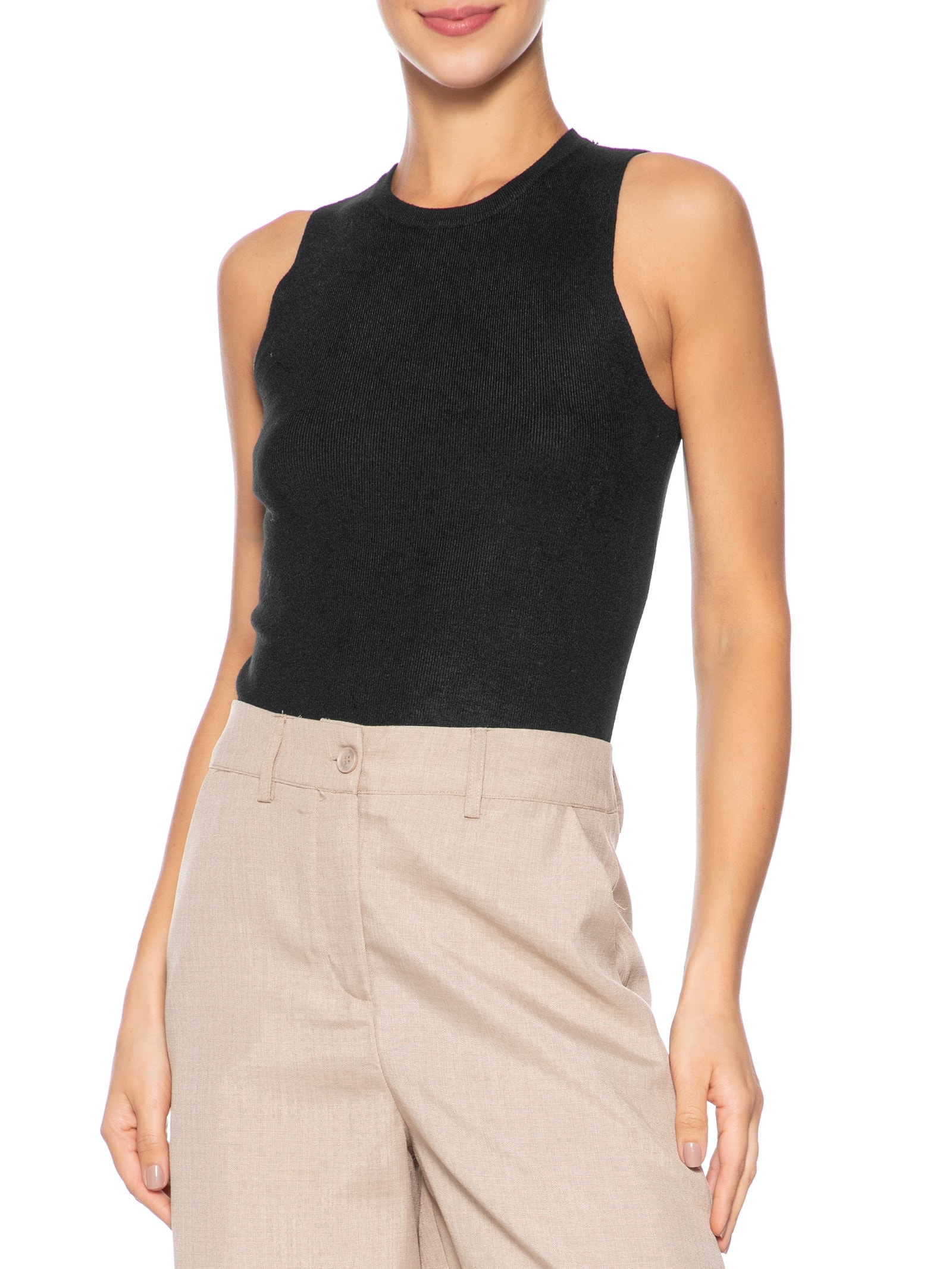 Regata Feminina Tricot Básica Preto  Basiq